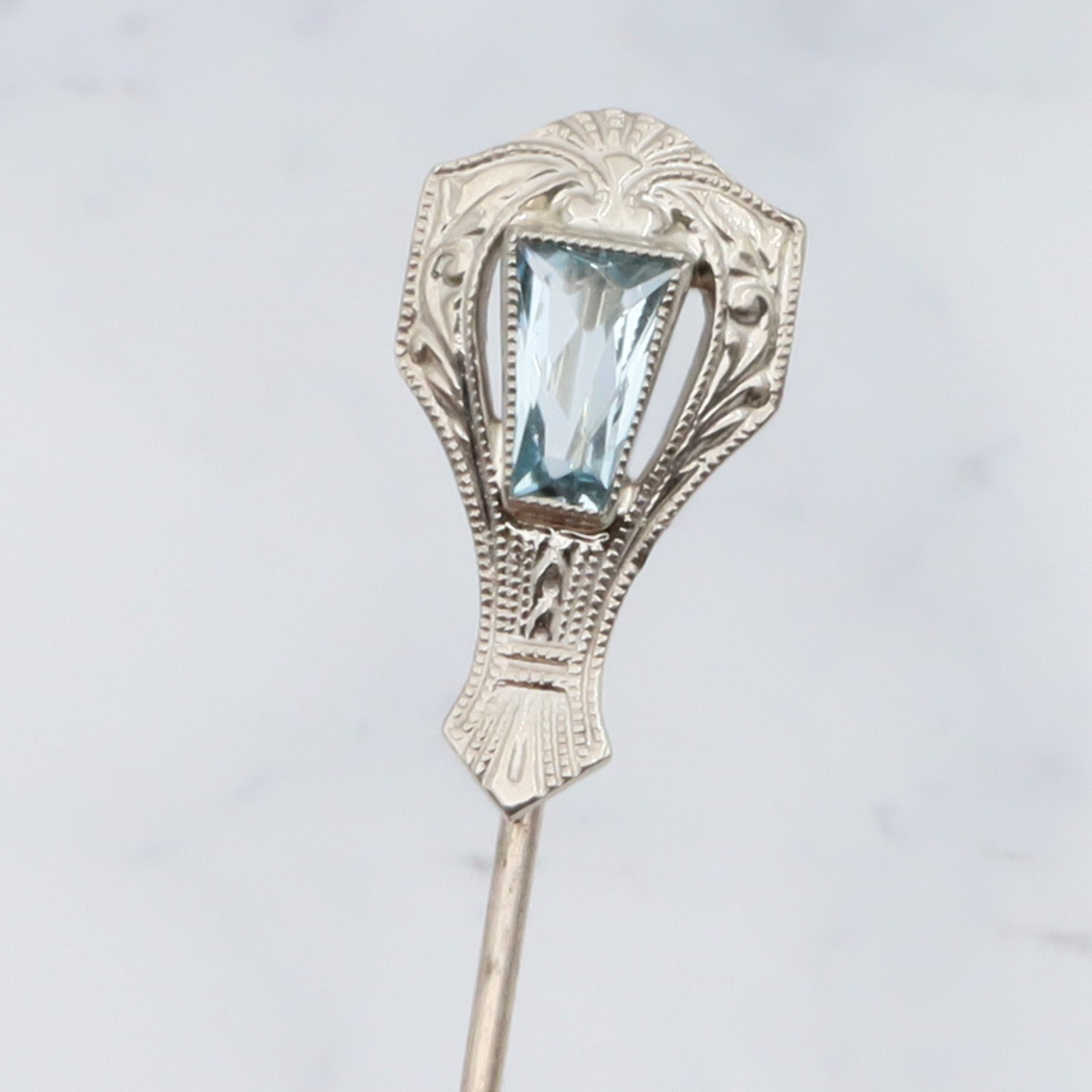 Antique Art Deco Belais 14k white gold & aquamarine stick pin