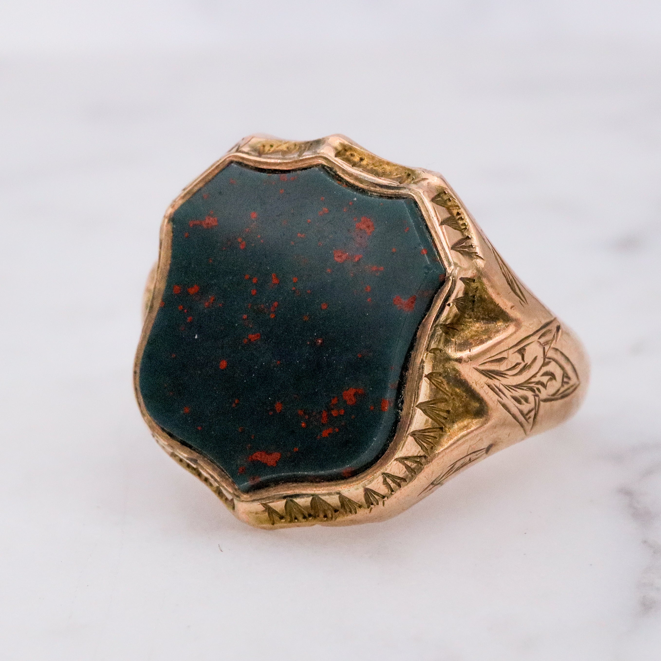 Antique Victorian 1885 English 9k gold bloodstone signet ring, sz 7.5