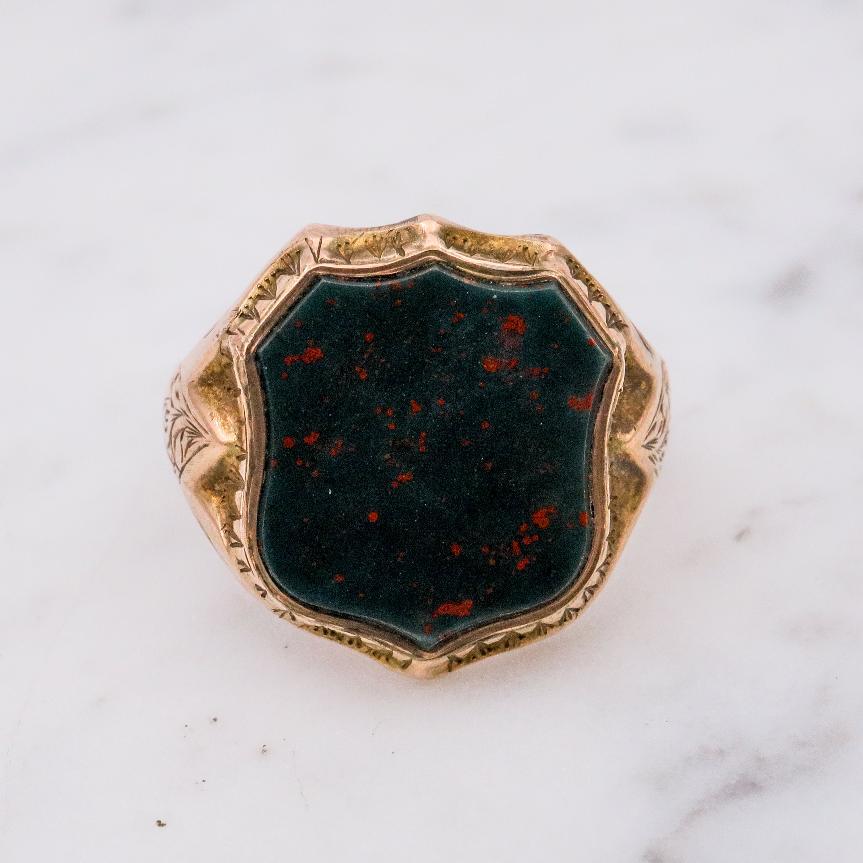 Antique Victorian 1885 English 9k gold bloodstone signet ring, sz 7.5