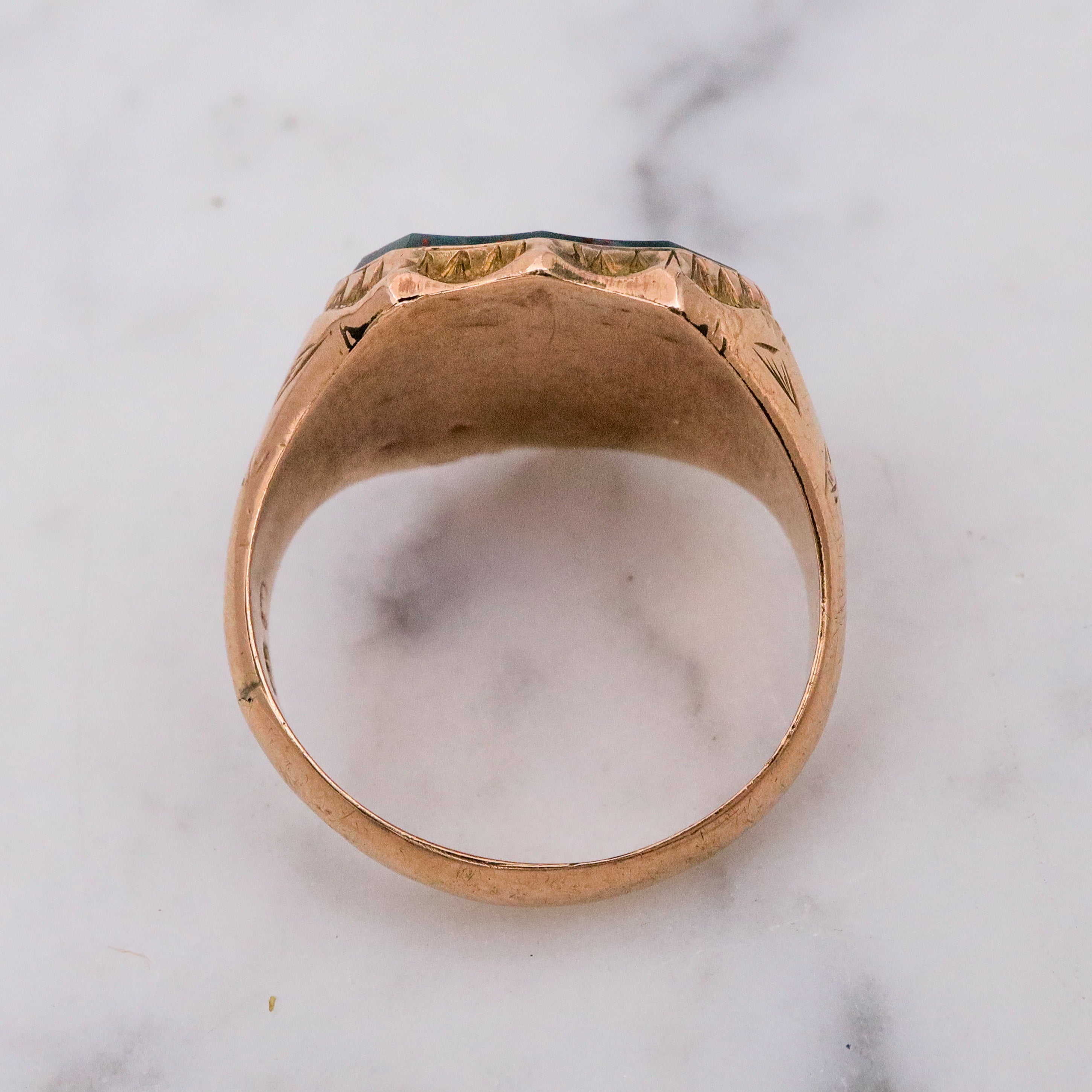 Antique Victorian 1885 English 9k gold bloodstone signet ring, sz 7.5