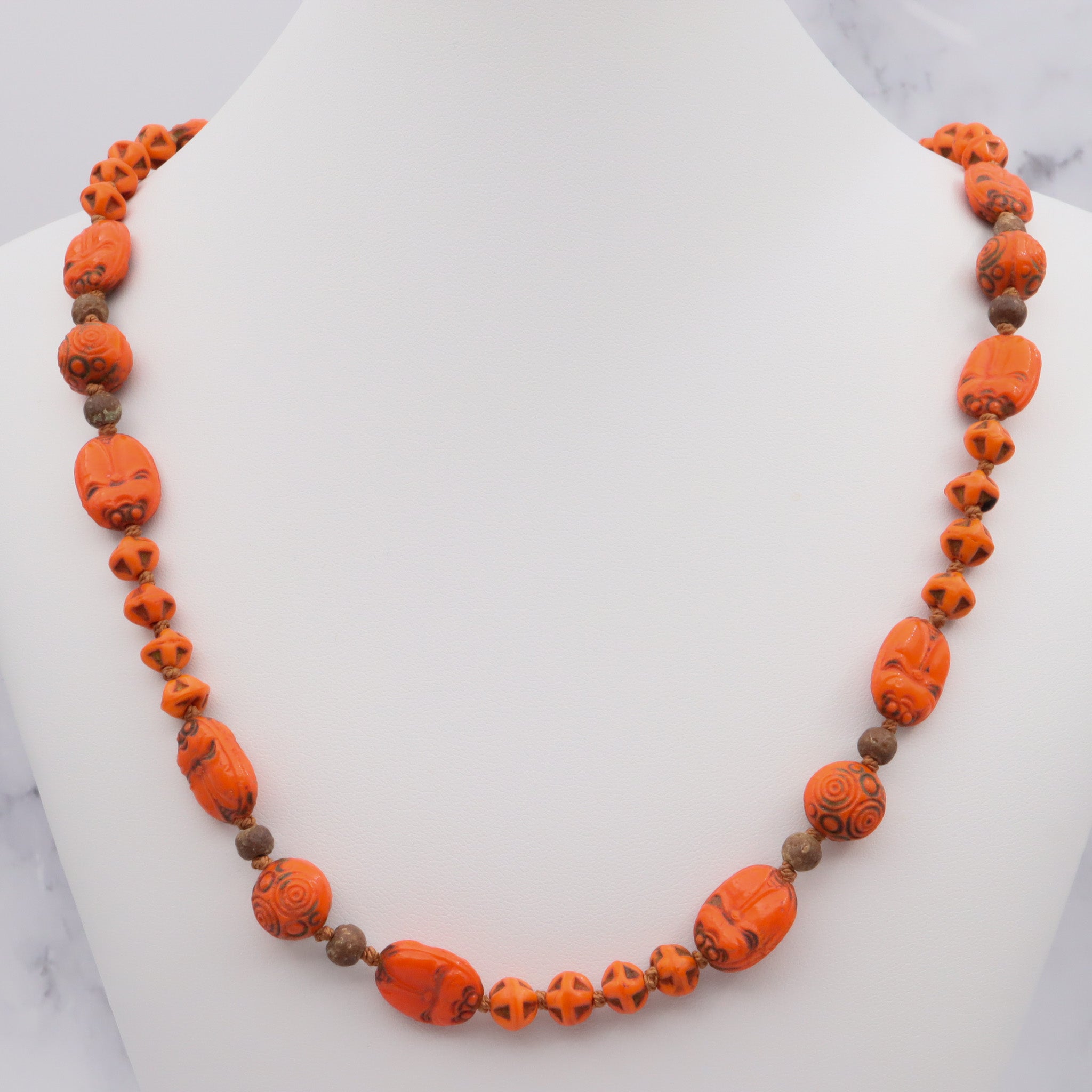 Antique deco neiger brothers Egyptian revival scarab carved glass beaded necklace