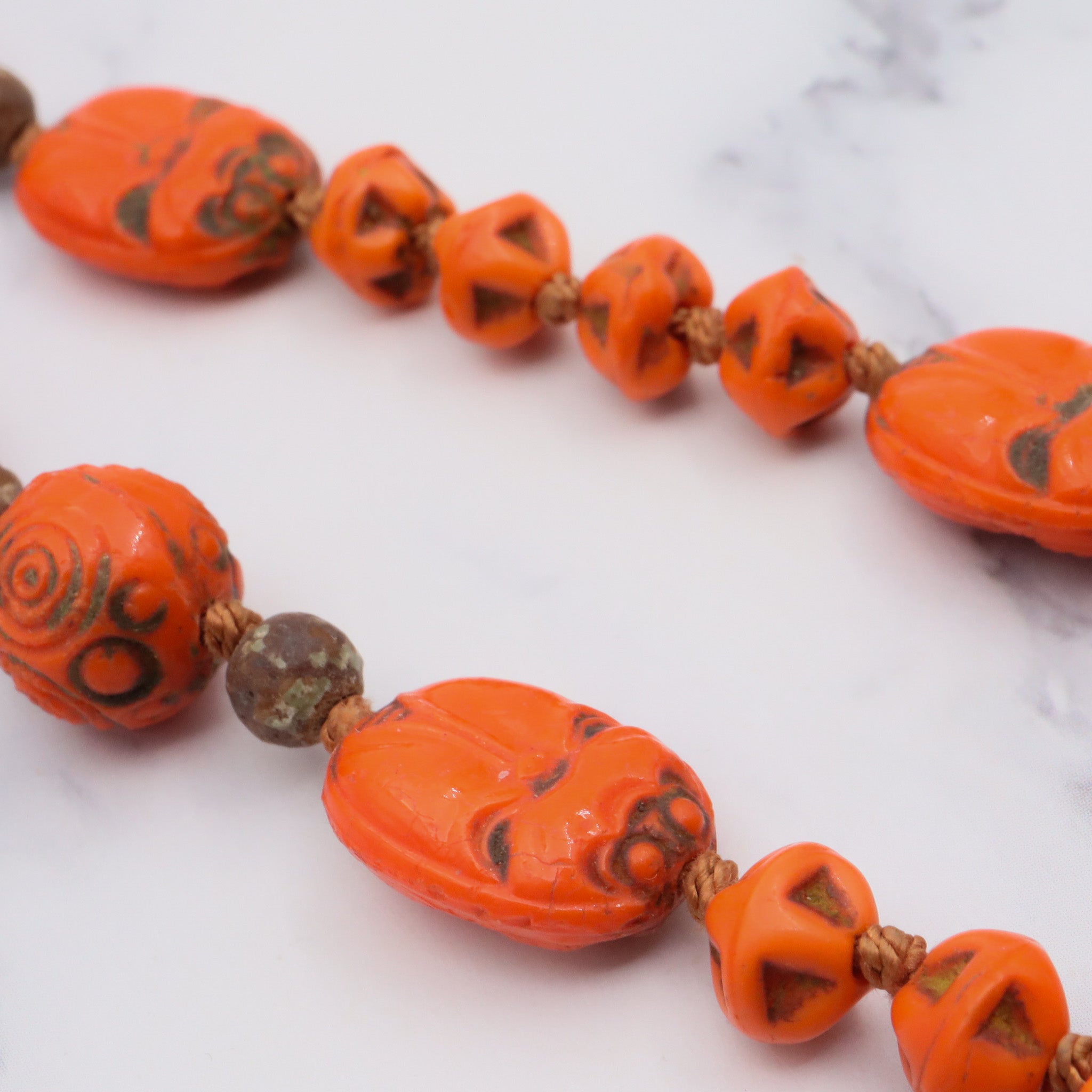 Antique deco neiger brothers Egyptian revival scarab carved glass beaded necklace