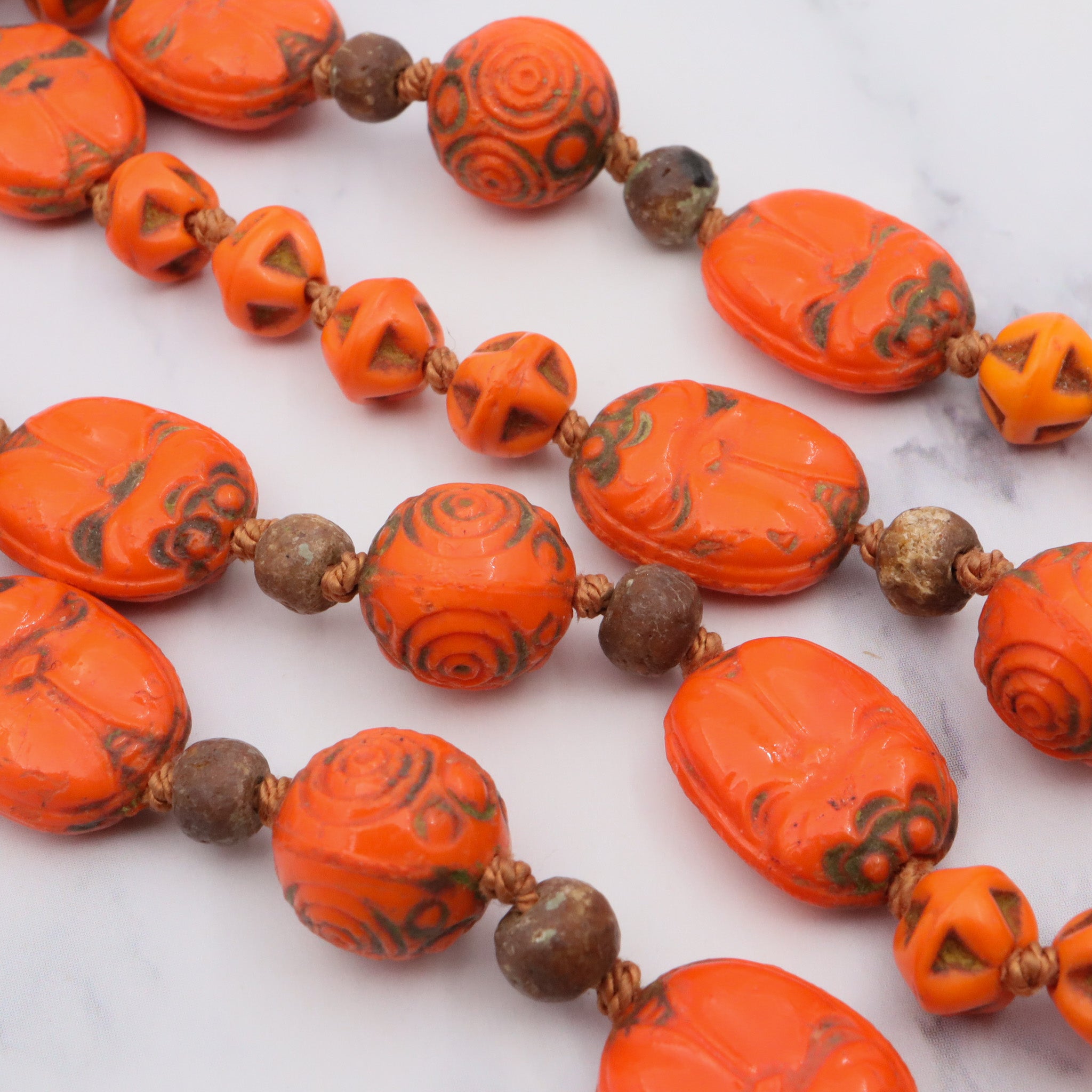 Antique deco neiger brothers Egyptian revival scarab carved glass beaded necklace