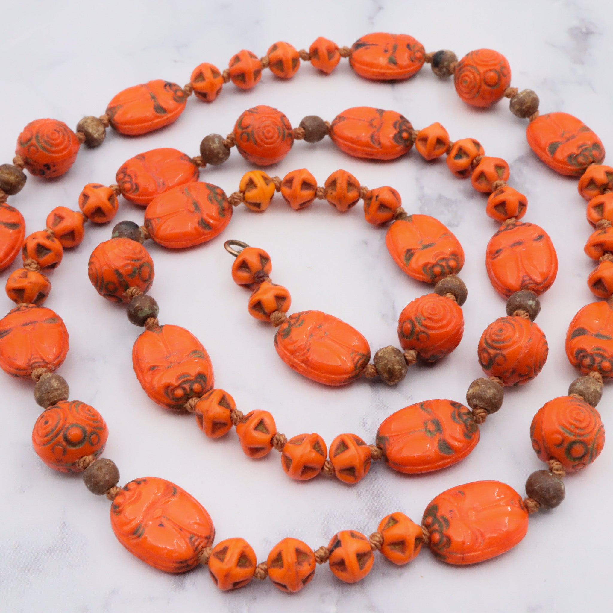 Antique deco neiger brothers Egyptian revival scarab carved glass beaded necklace