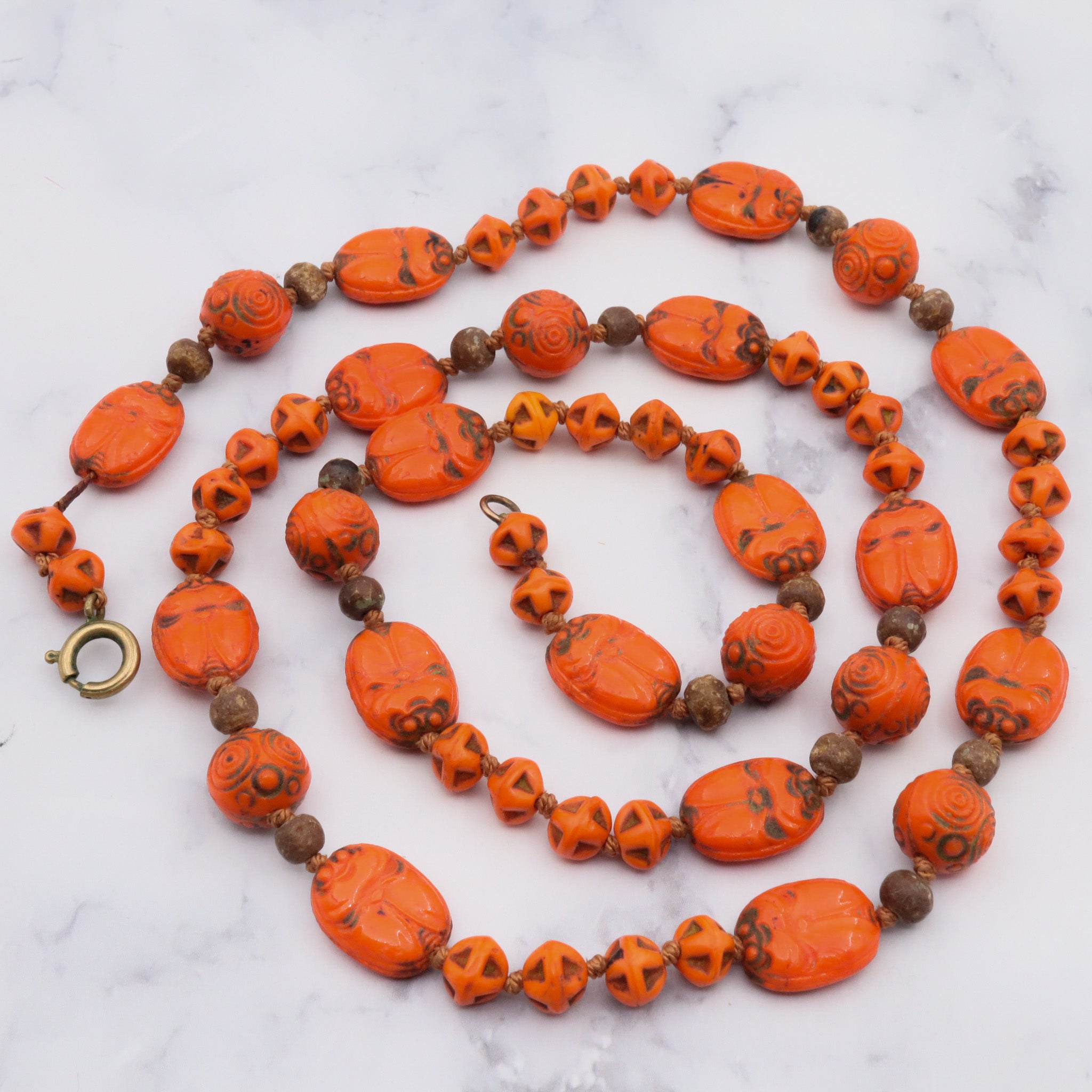 Antique deco neiger brothers Egyptian revival scarab carved glass beaded necklace