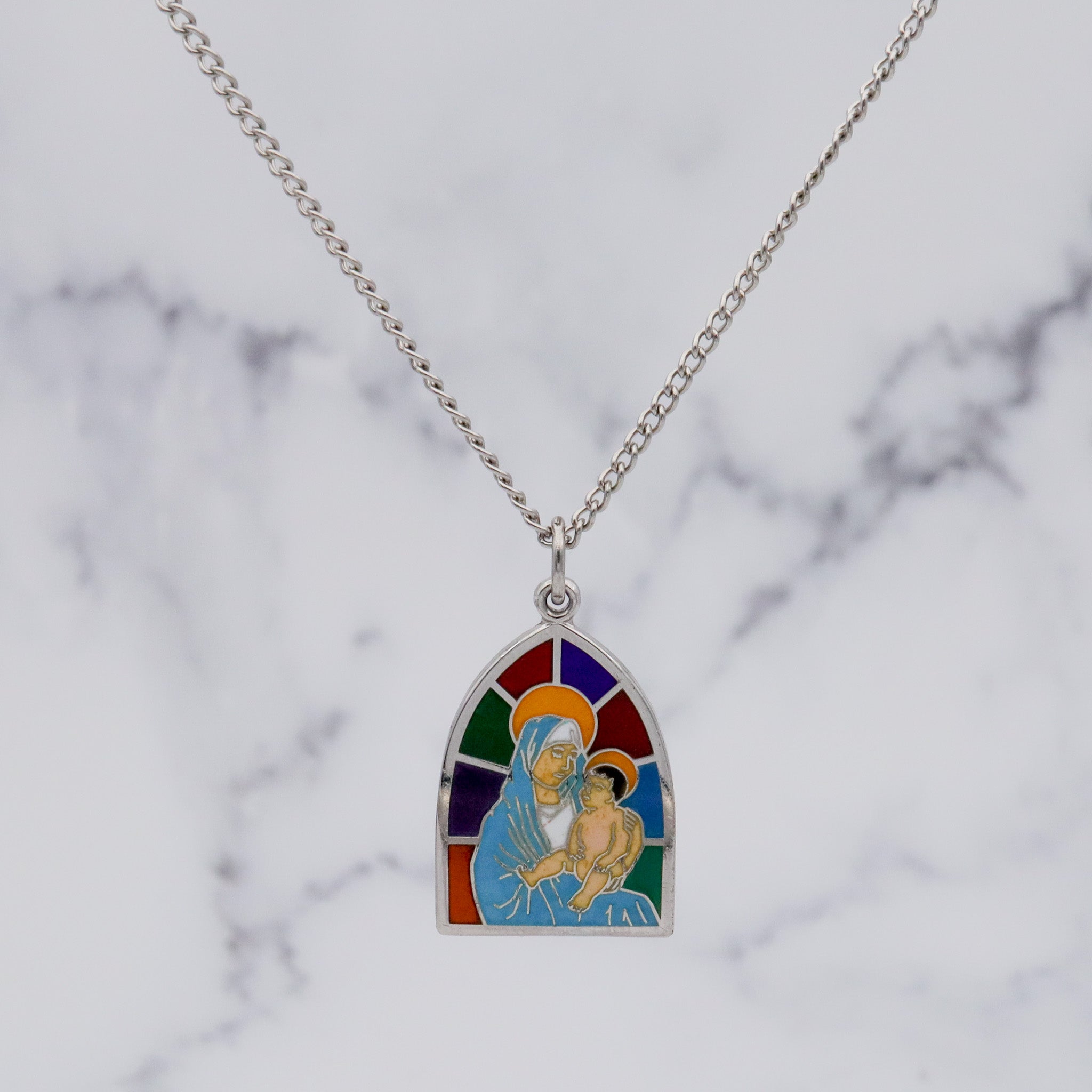 Vintage sterling and enamel Mary & Child stained glass window pendant