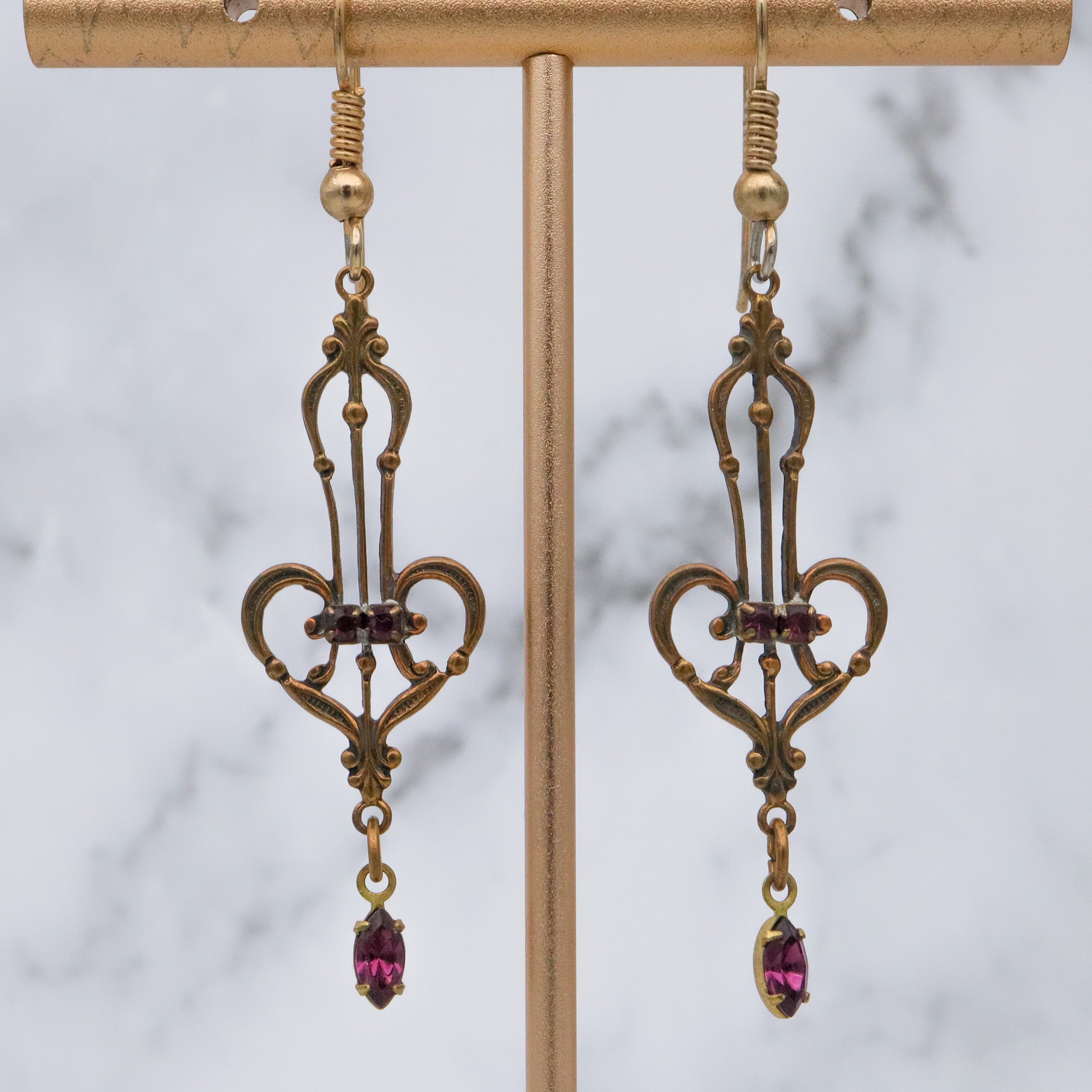 Victorian style brass and purple rhinestone drop earrings