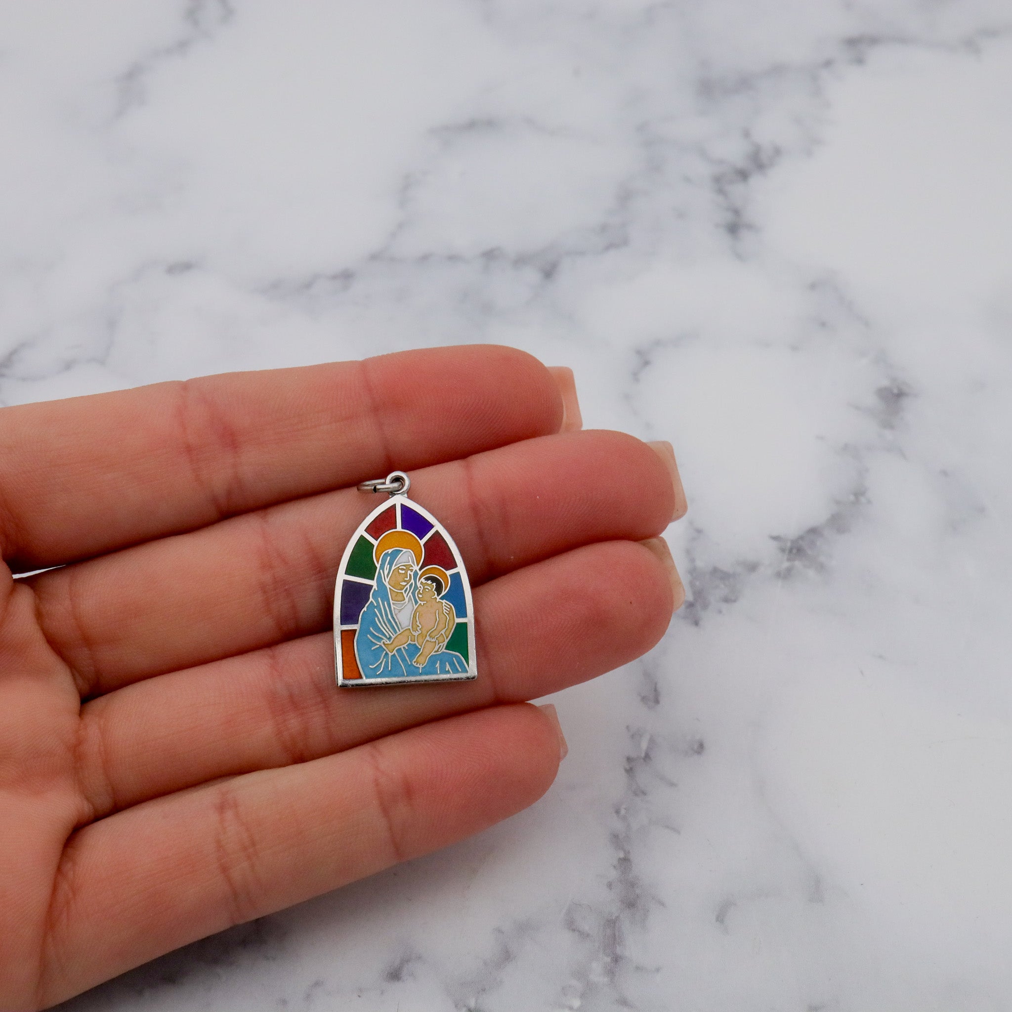 Vintage sterling and enamel Mary & Child stained glass window pendant