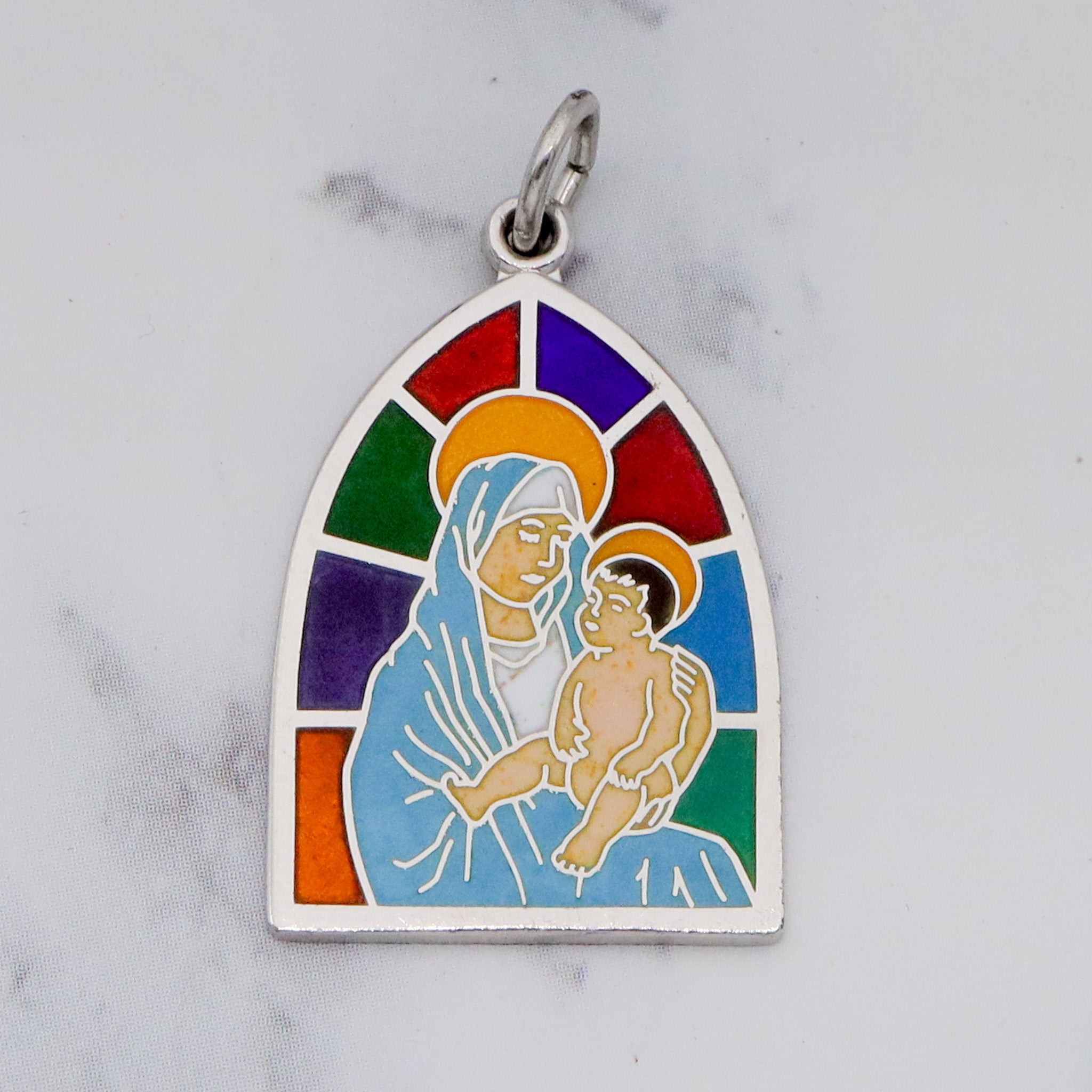 Vintage sterling and enamel Mary & Child stained glass window pendant
