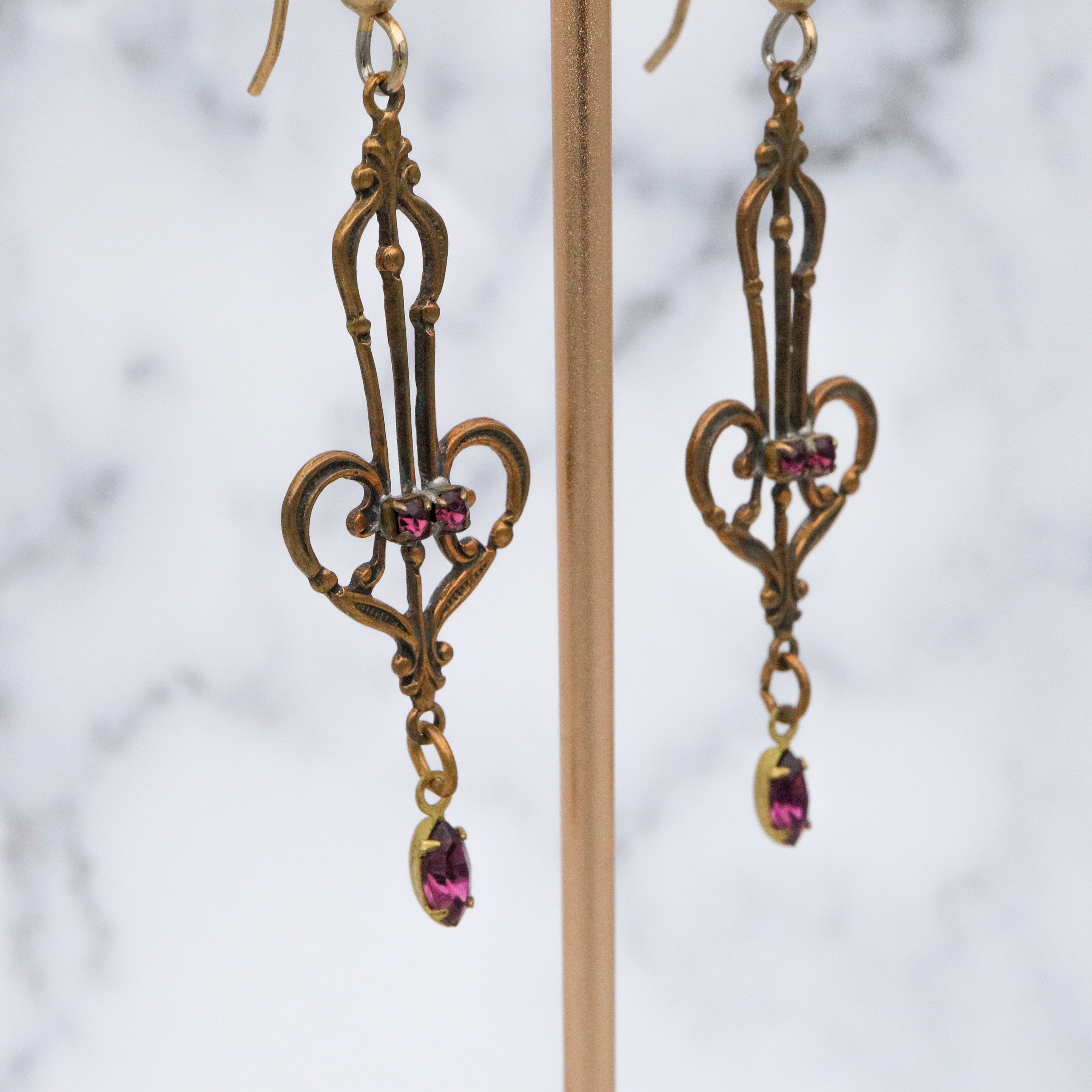 Victorian style brass and purple rhinestone drop earrings