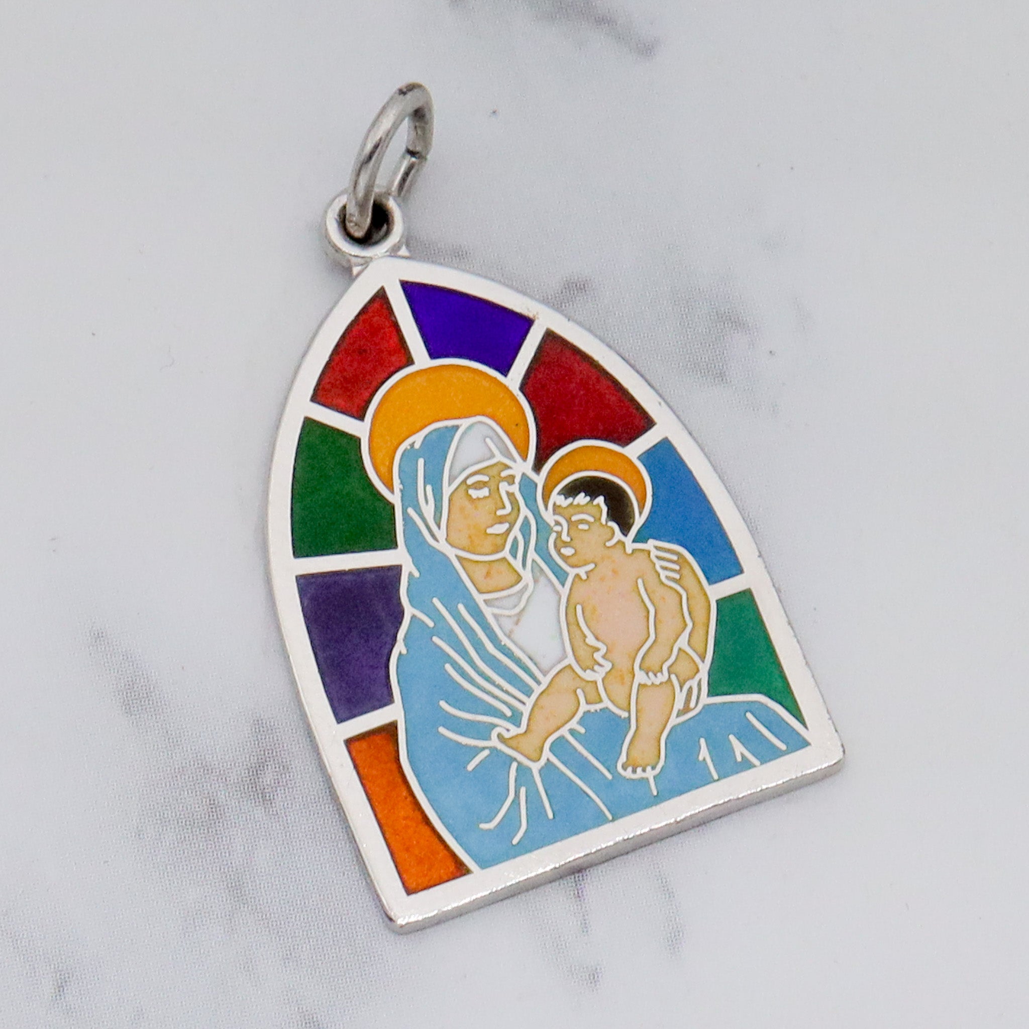Vintage sterling and enamel Mary & Child stained glass window pendant
