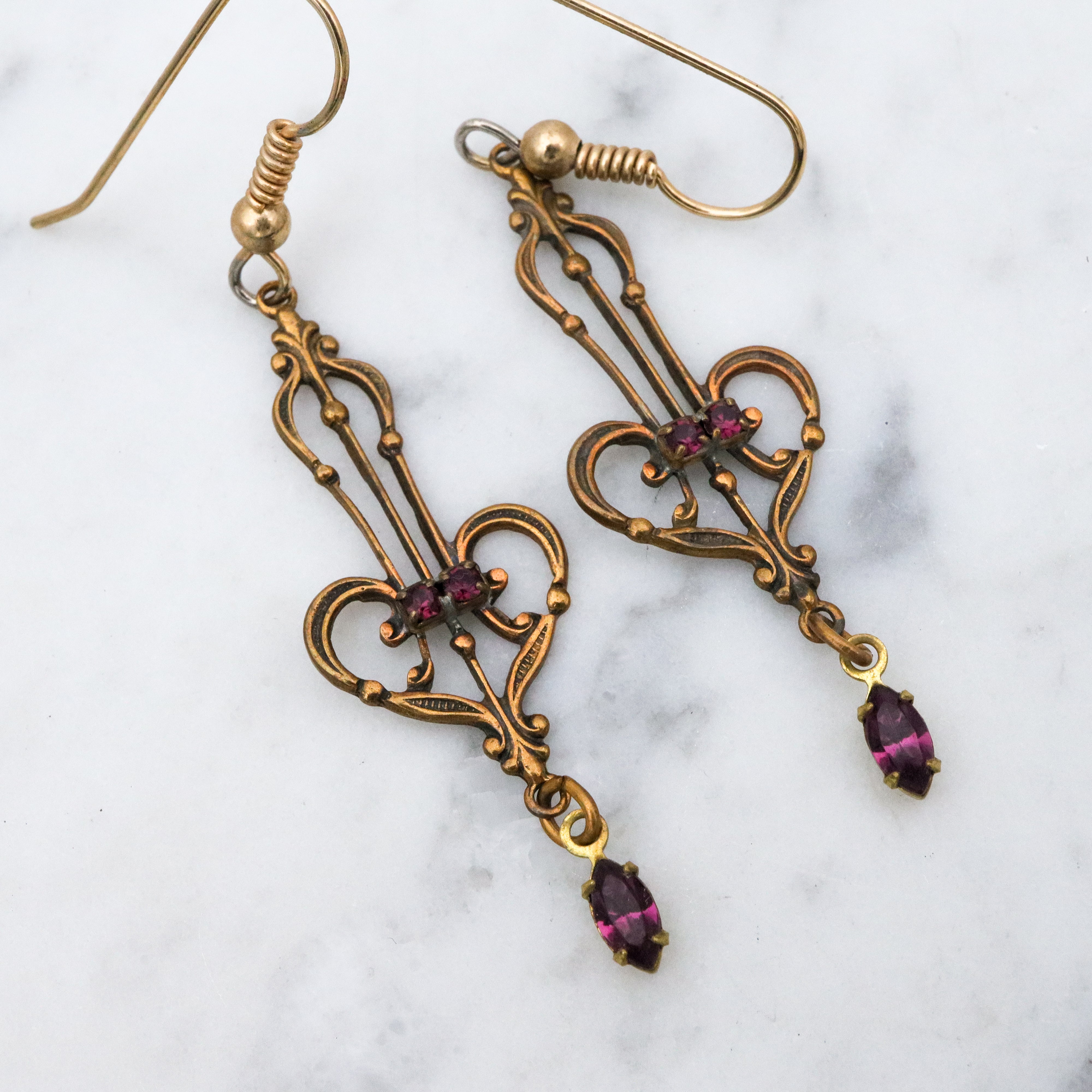 Victorian style brass and purple rhinestone drop earrings