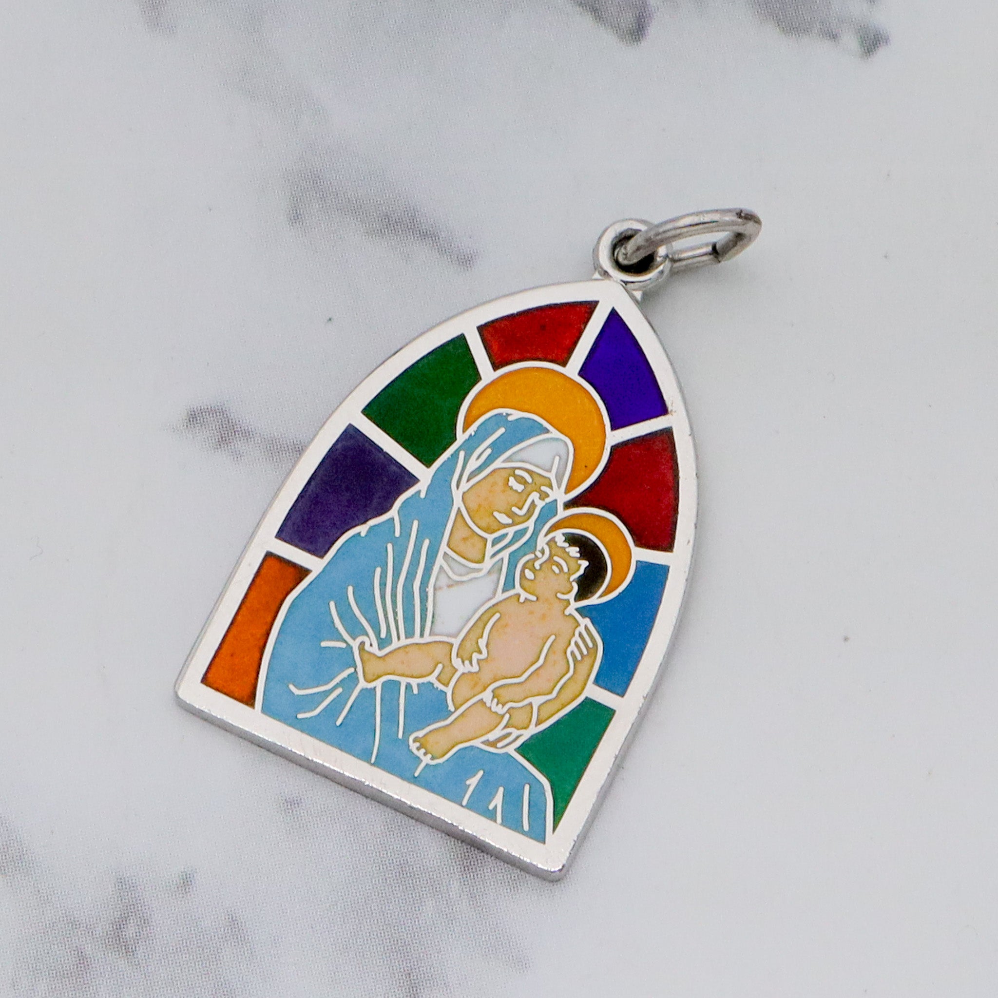 Vintage sterling and enamel Mary & Child stained glass window pendant