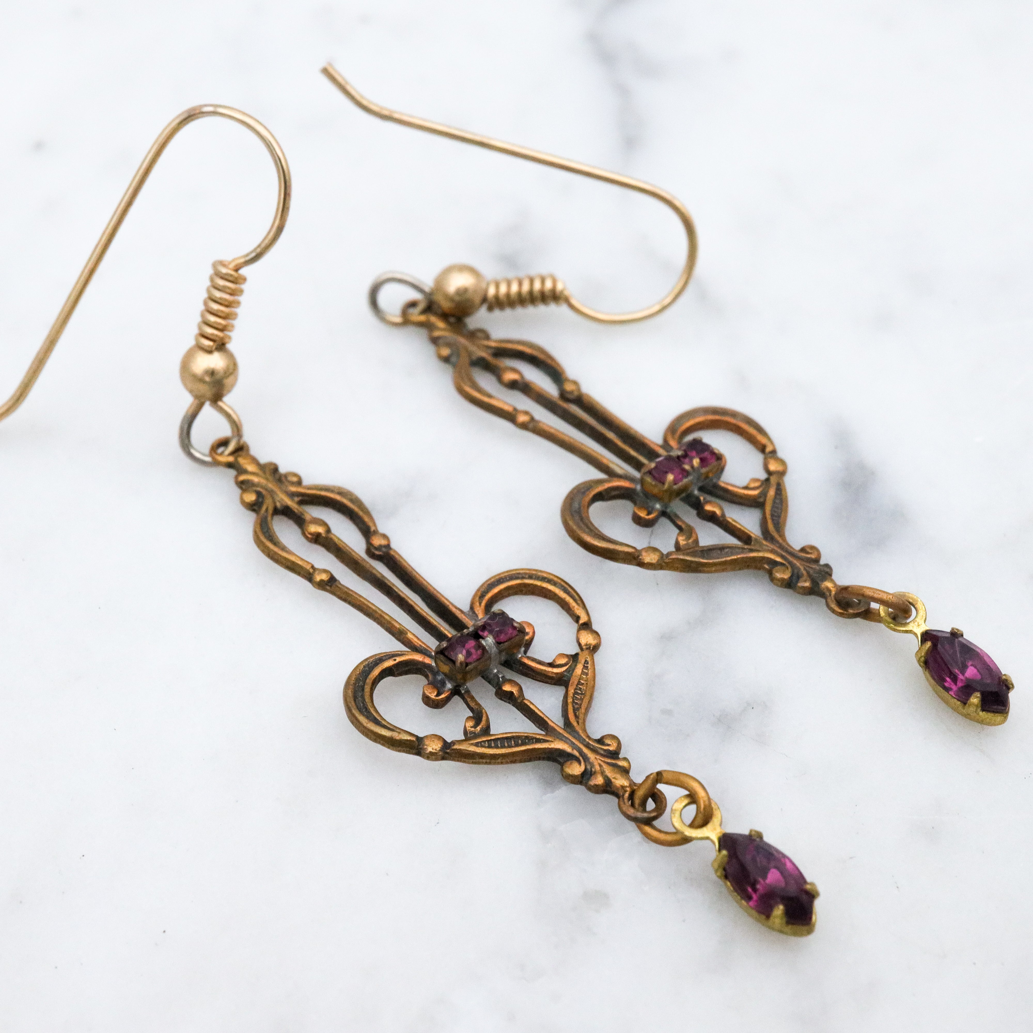 Victorian style brass and purple rhinestone drop earrings
