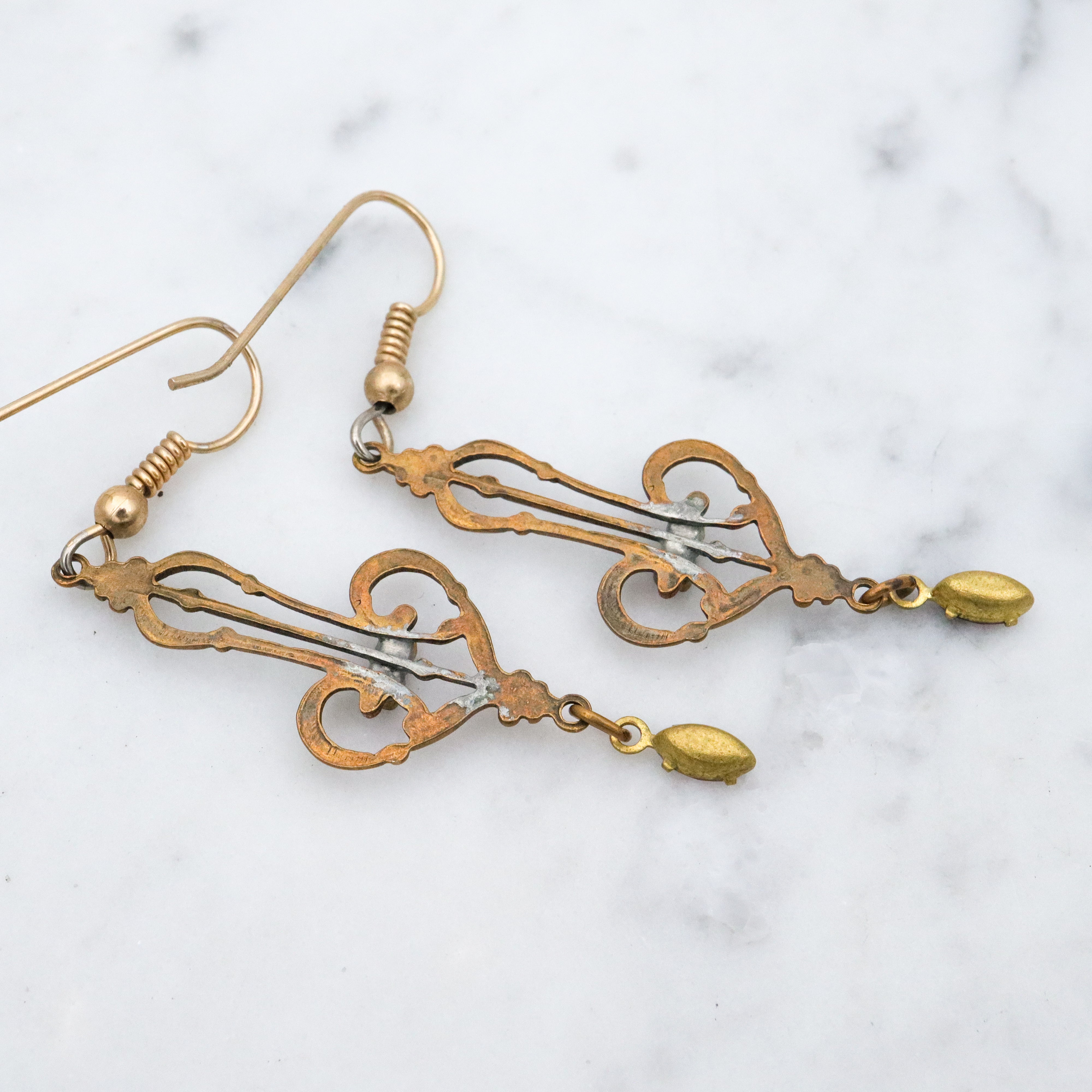 Victorian style brass and purple rhinestone drop earrings