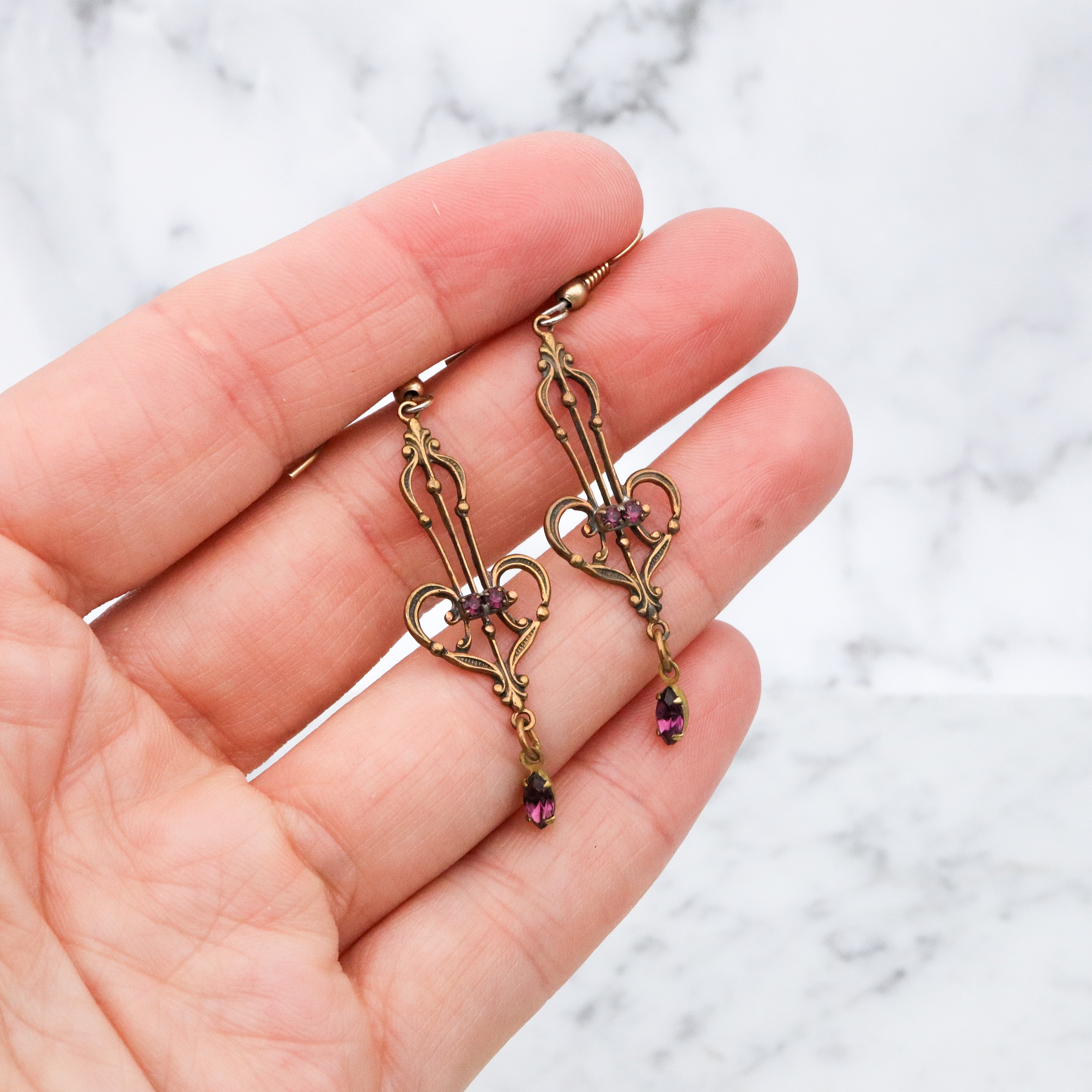 Victorian style brass and purple rhinestone drop earrings