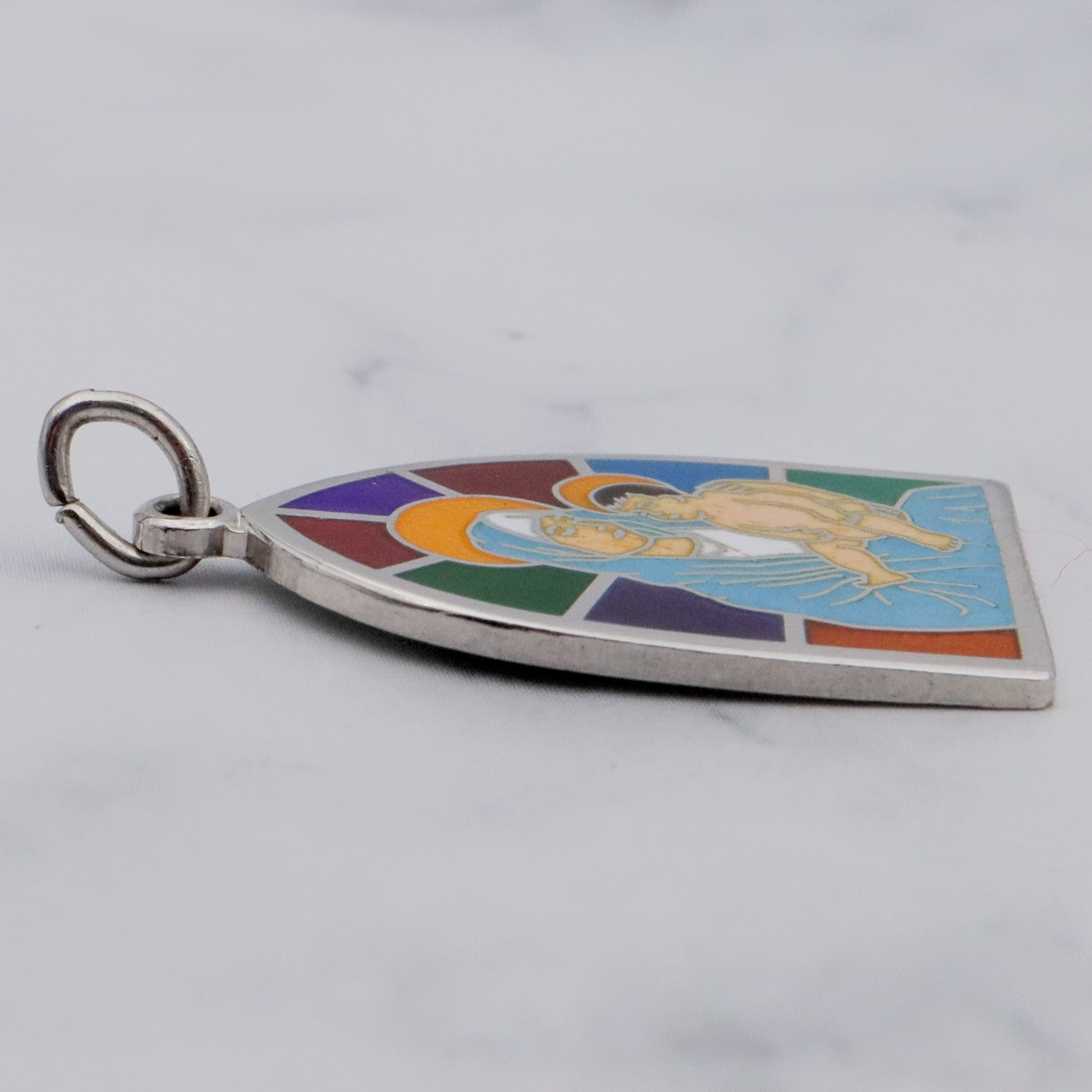 Vintage sterling and enamel Mary & Child stained glass window pendant