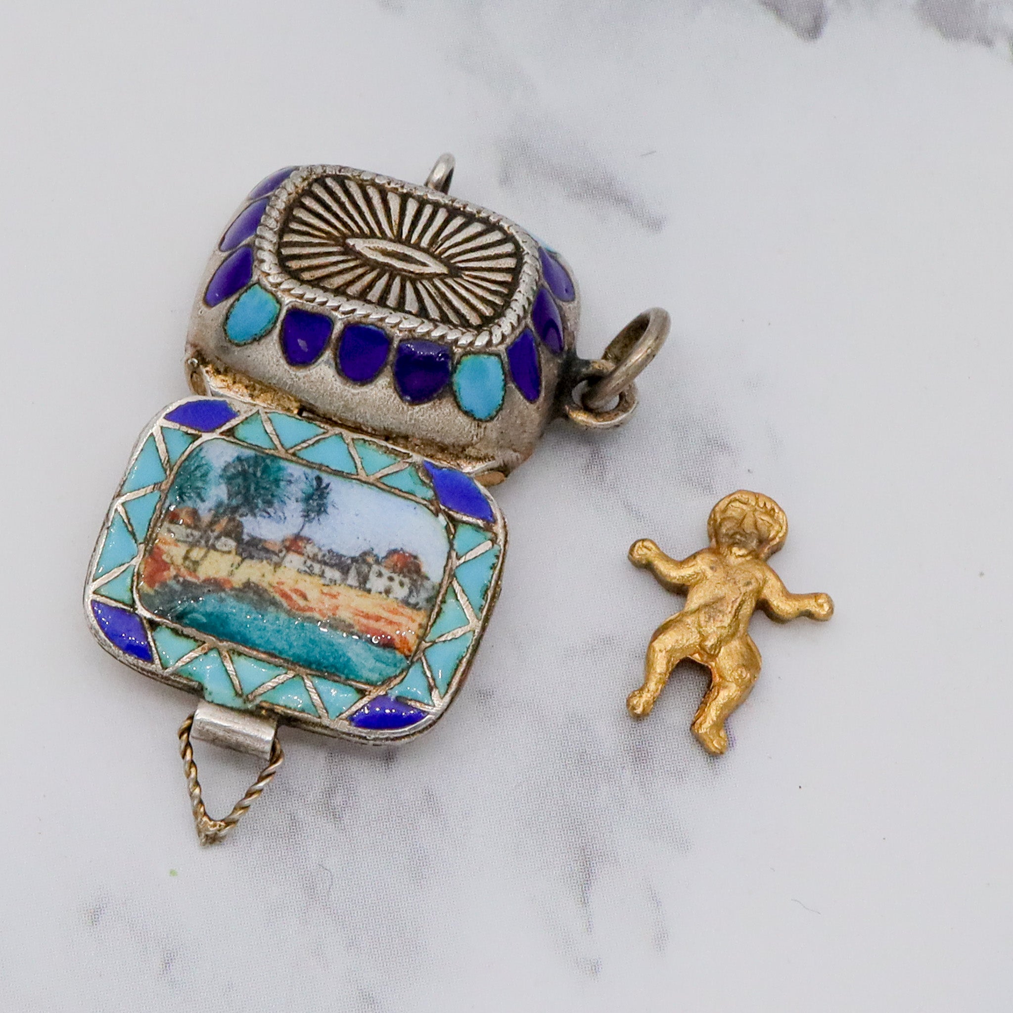 Large antique gilt .800 silver enamel Egyptian Baby Moses basket charm