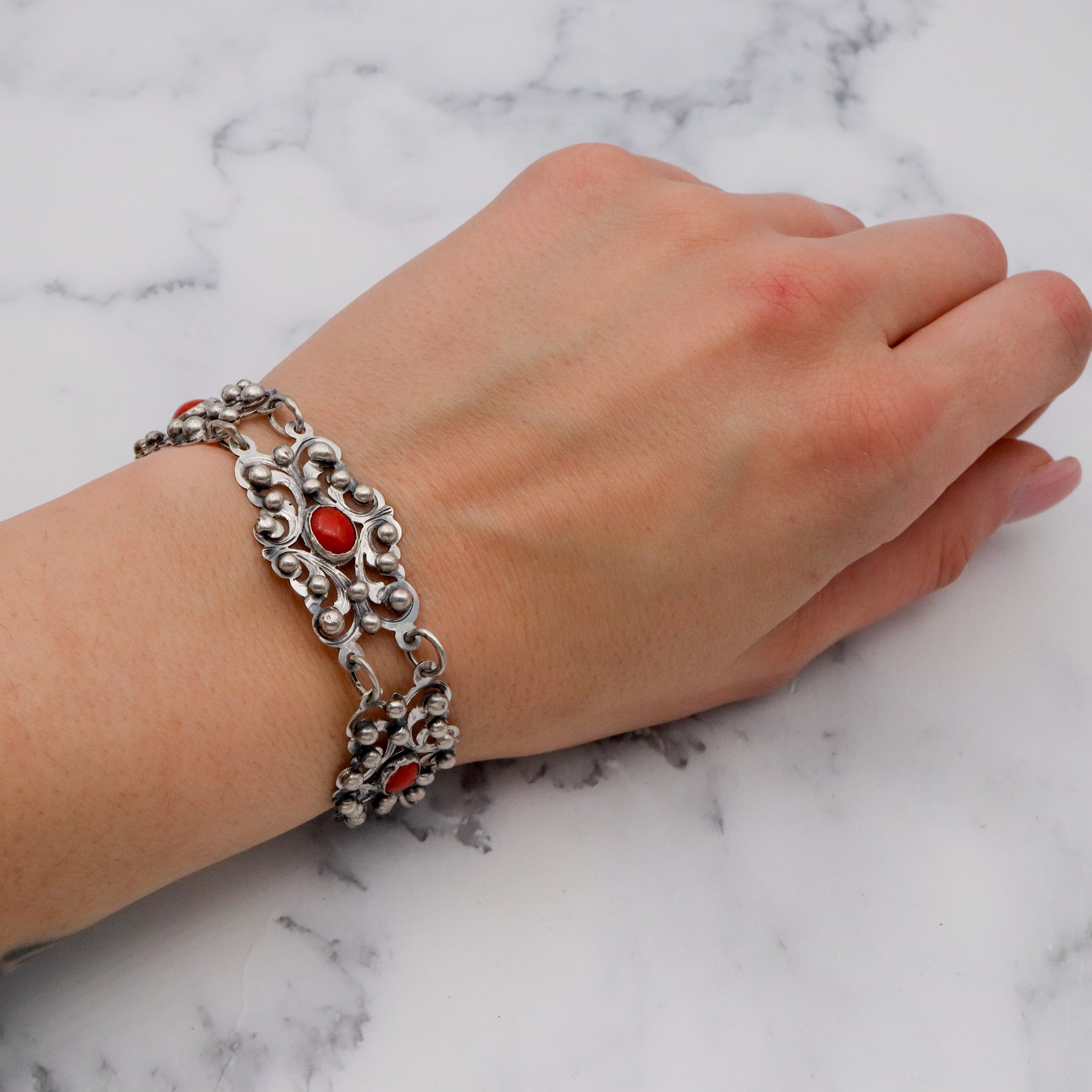 Antique Renaissance Revival .800 silver & coral bracelet