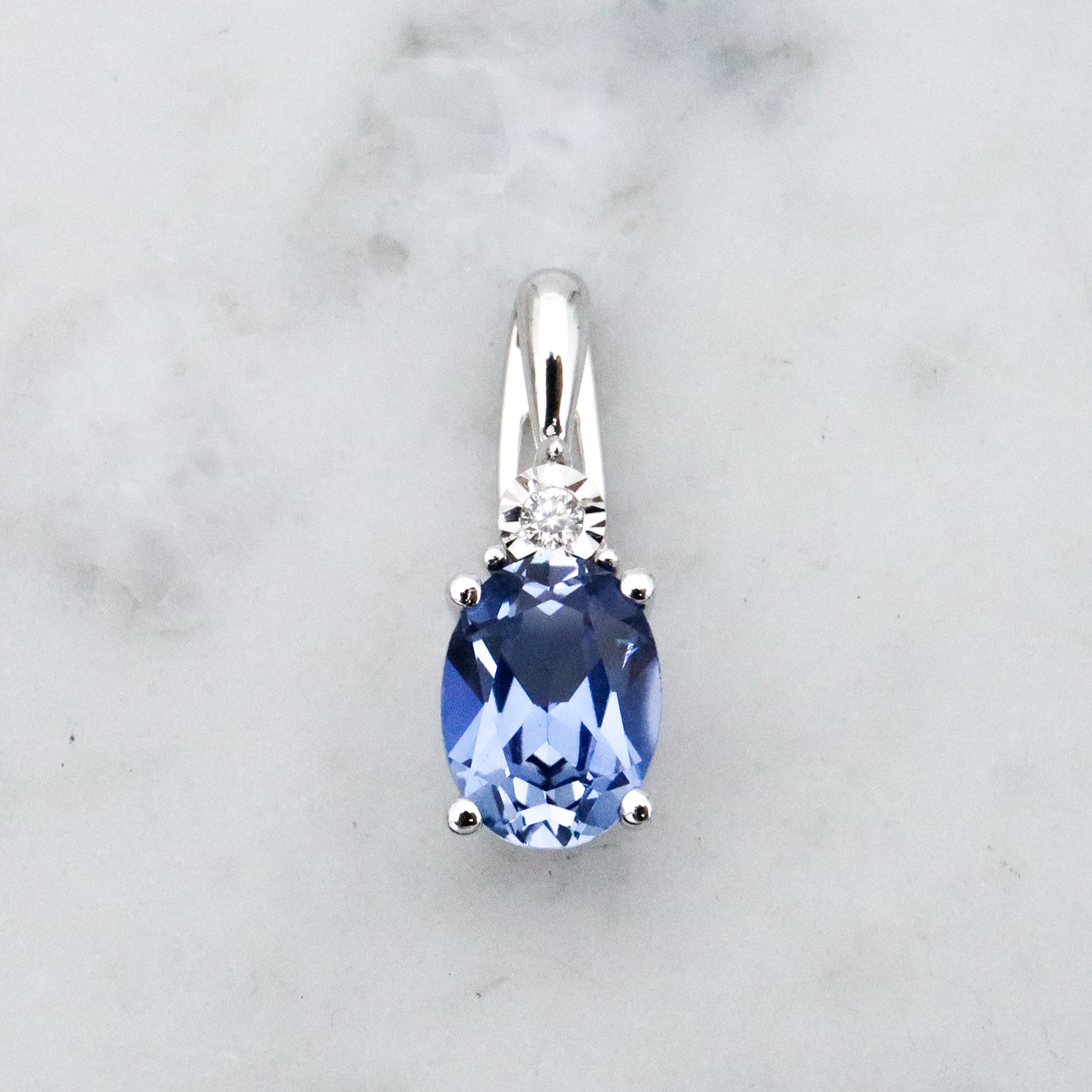 vintage 10k white gold simulated sapphire & genuine diamond drop pendant