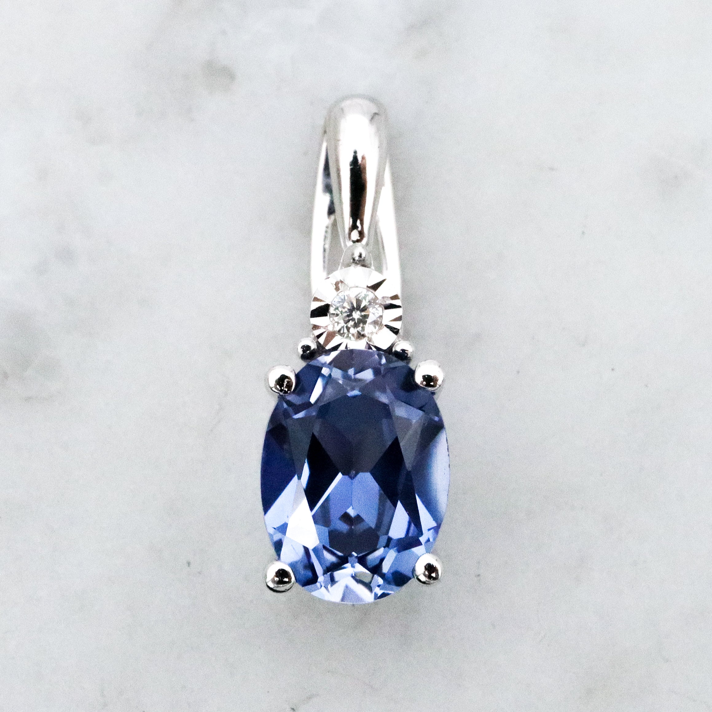 vintage 10k white gold simulated sapphire & genuine diamond drop pendant