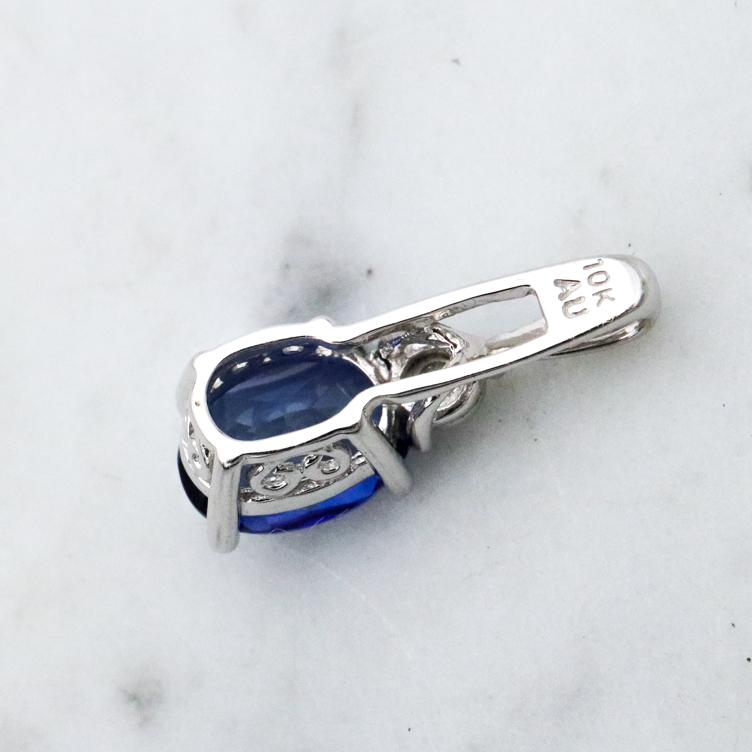vintage 10k white gold simulated sapphire & genuine diamond drop pendant
