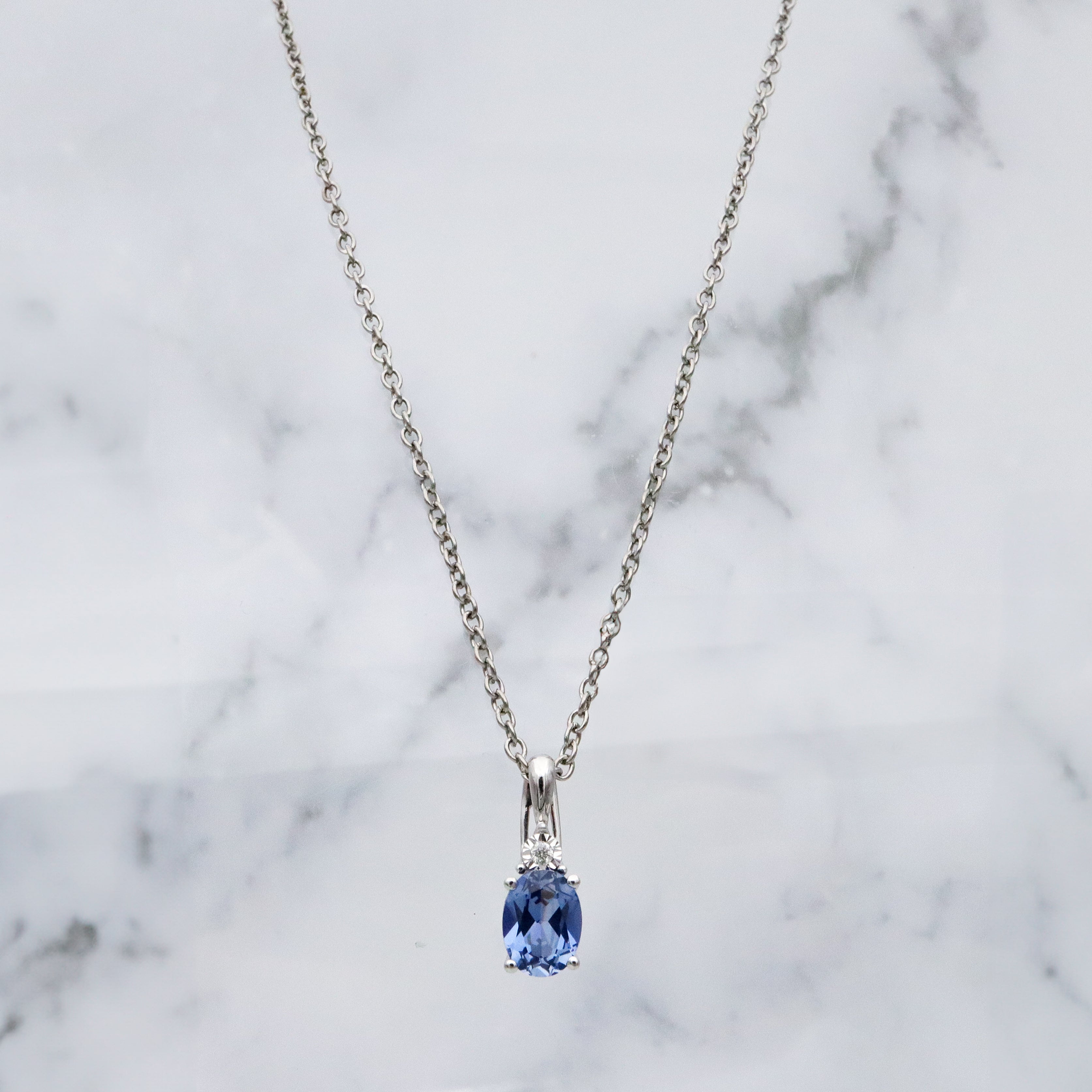 vintage 10k white gold simulated sapphire & genuine diamond drop pendant