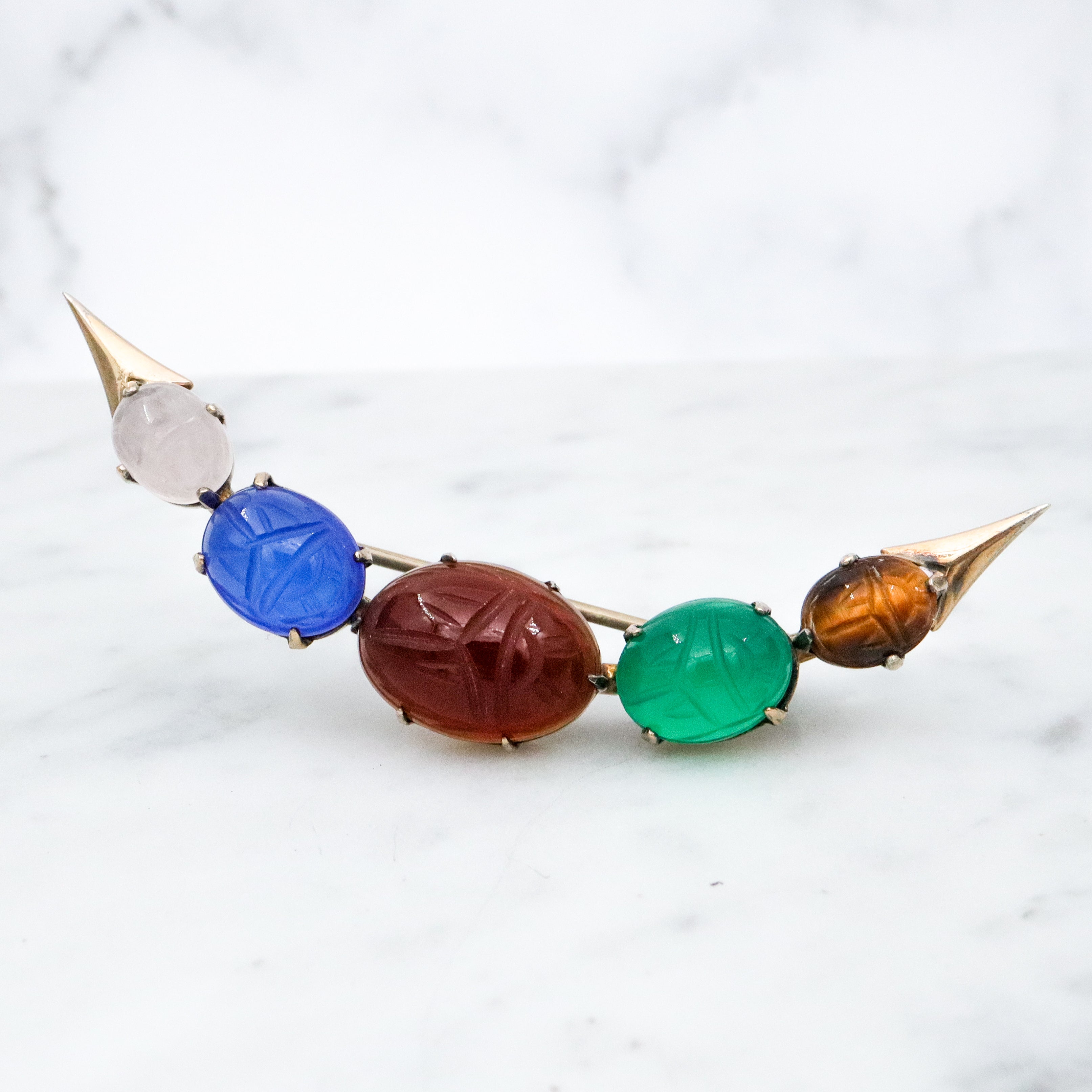 Mid Century Symmetalic sterling silver & gold filled carved scarab crescent moon brooch