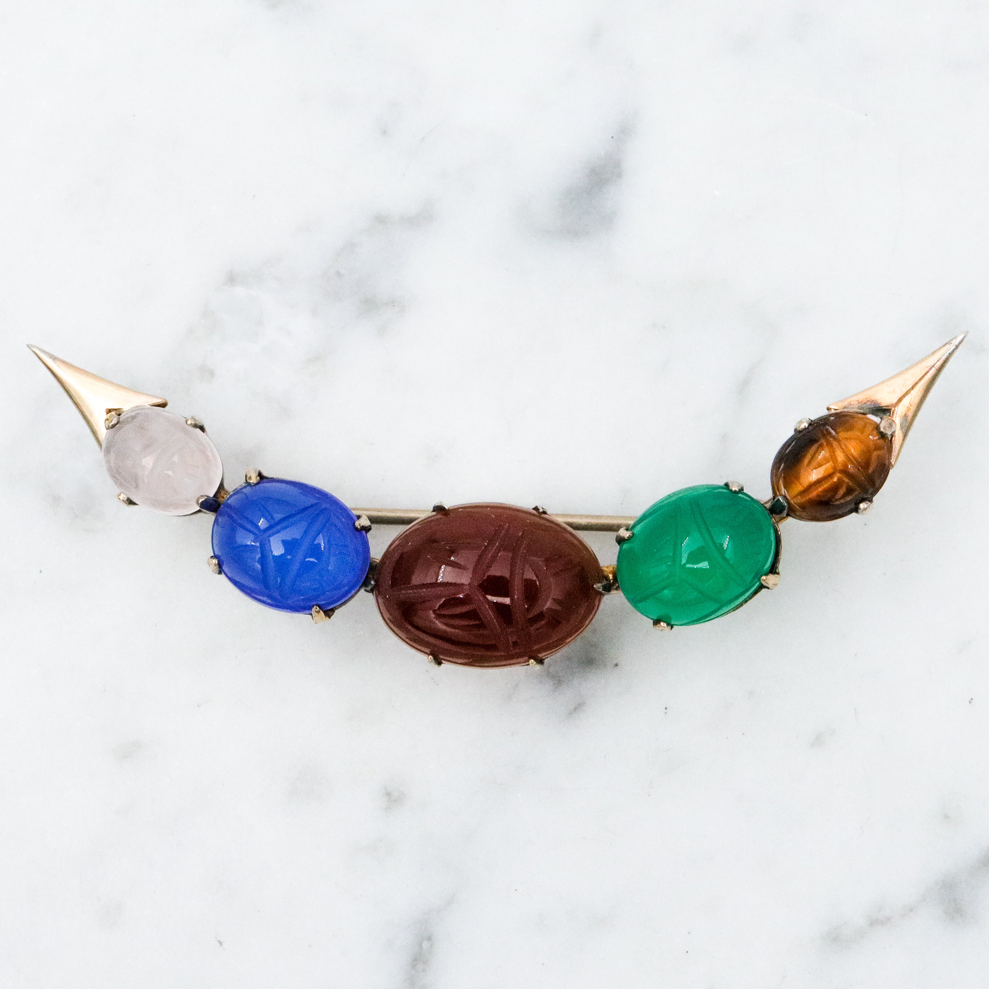 Mid Century Symmetalic sterling silver & gold filled carved scarab crescent moon brooch