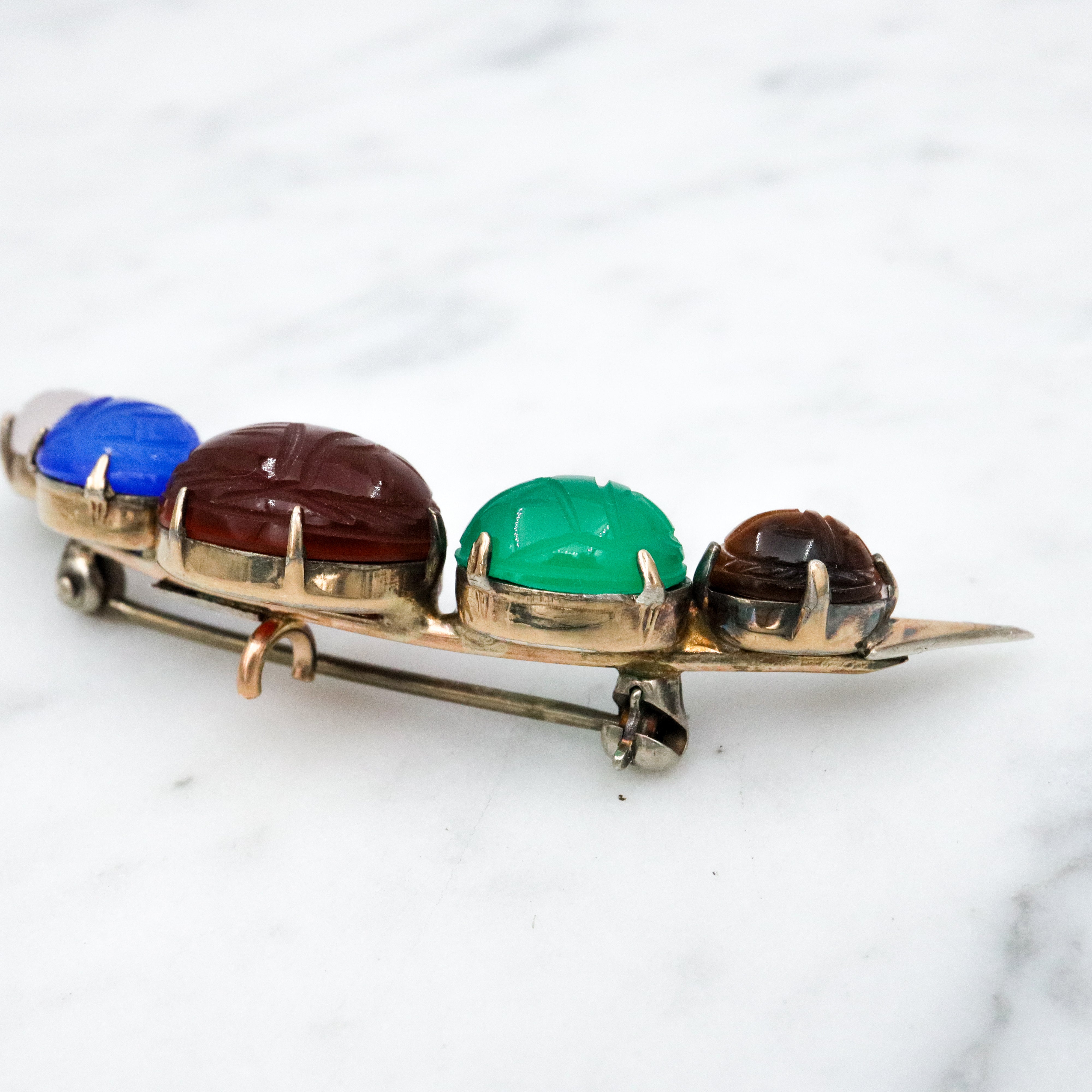 Mid Century Symmetalic sterling silver & gold filled carved scarab crescent moon brooch