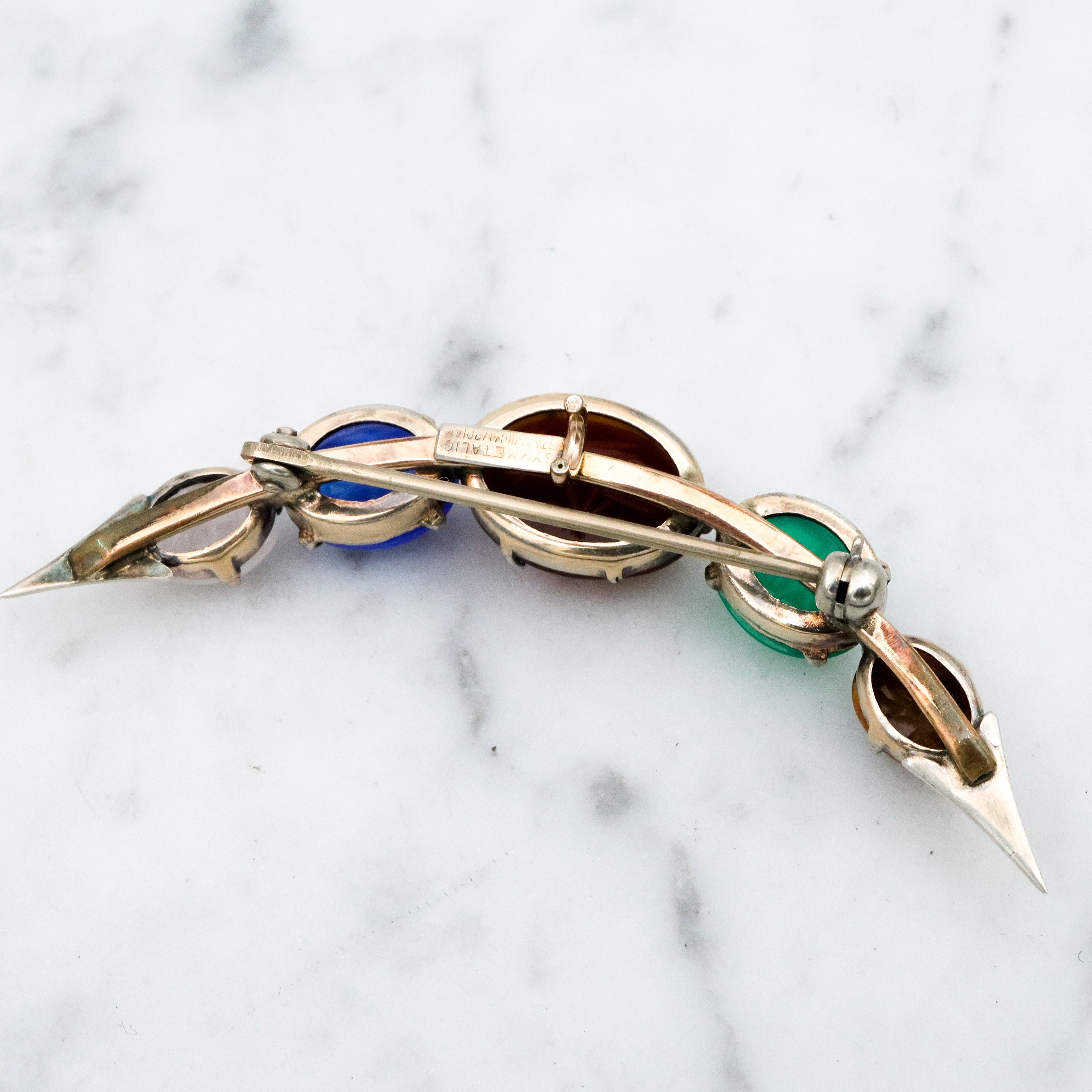 Mid Century Symmetalic sterling silver & gold filled carved scarab crescent moon brooch
