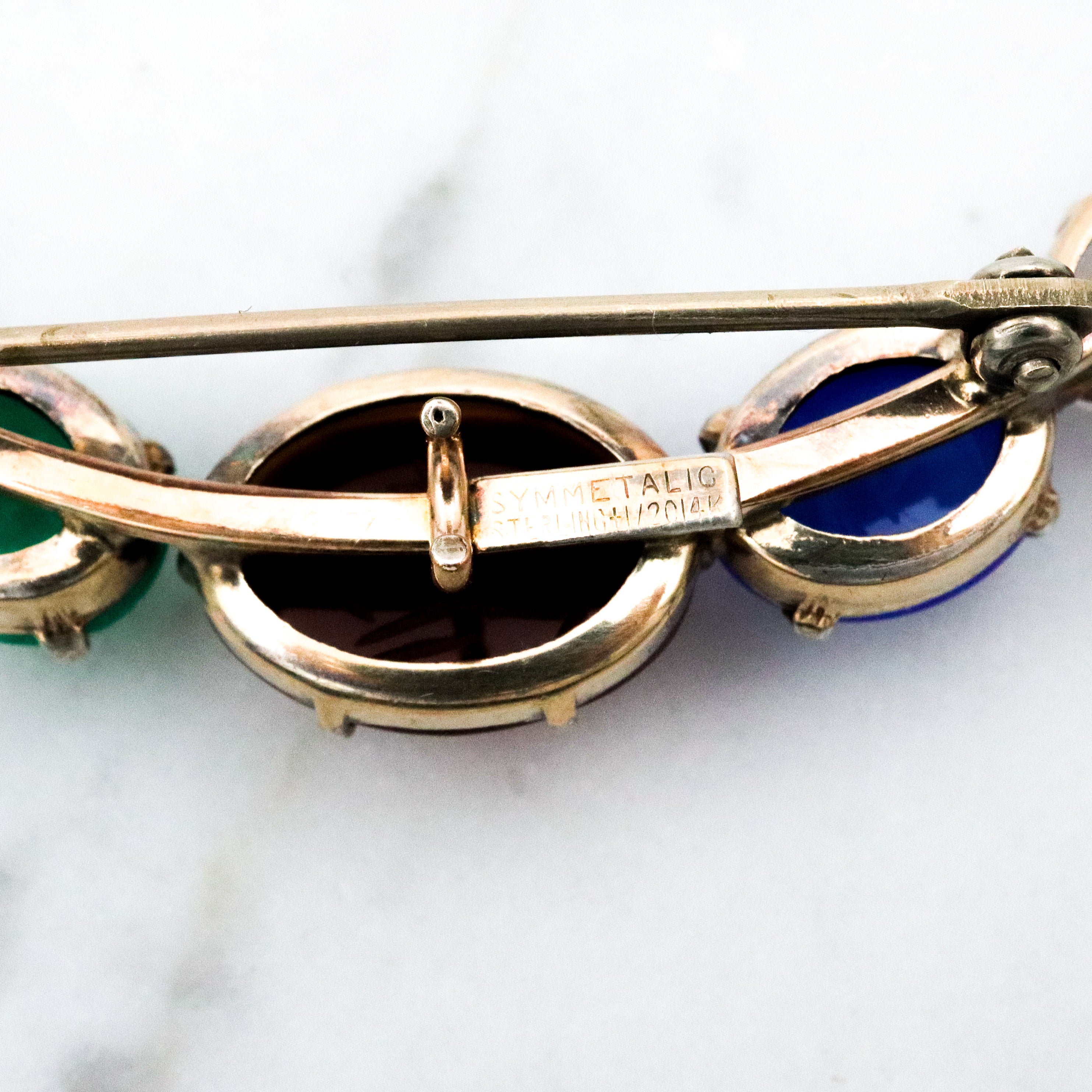Mid Century Symmetalic sterling silver & gold filled carved scarab crescent moon brooch