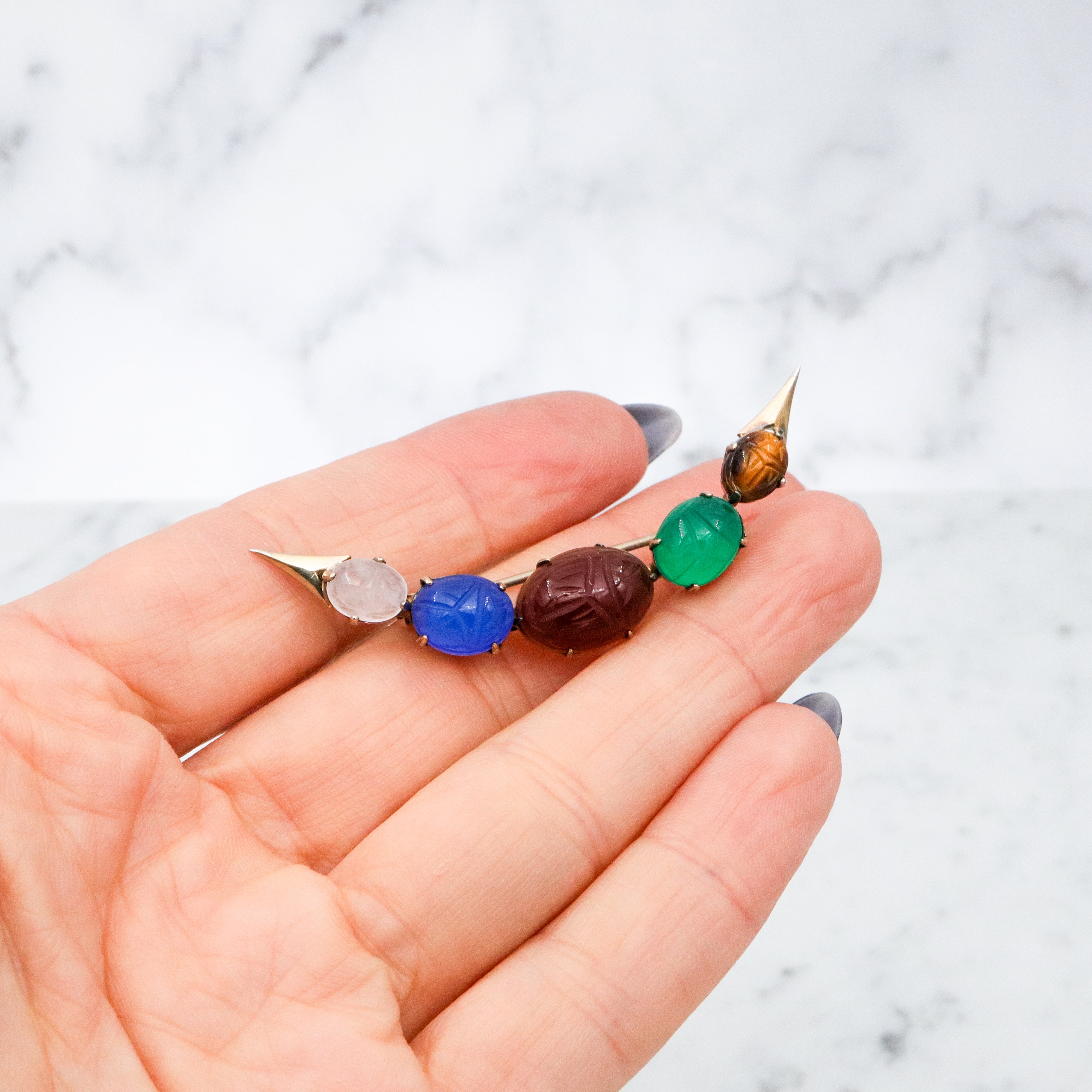 Mid Century Symmetalic sterling silver & gold filled carved scarab crescent moon brooch