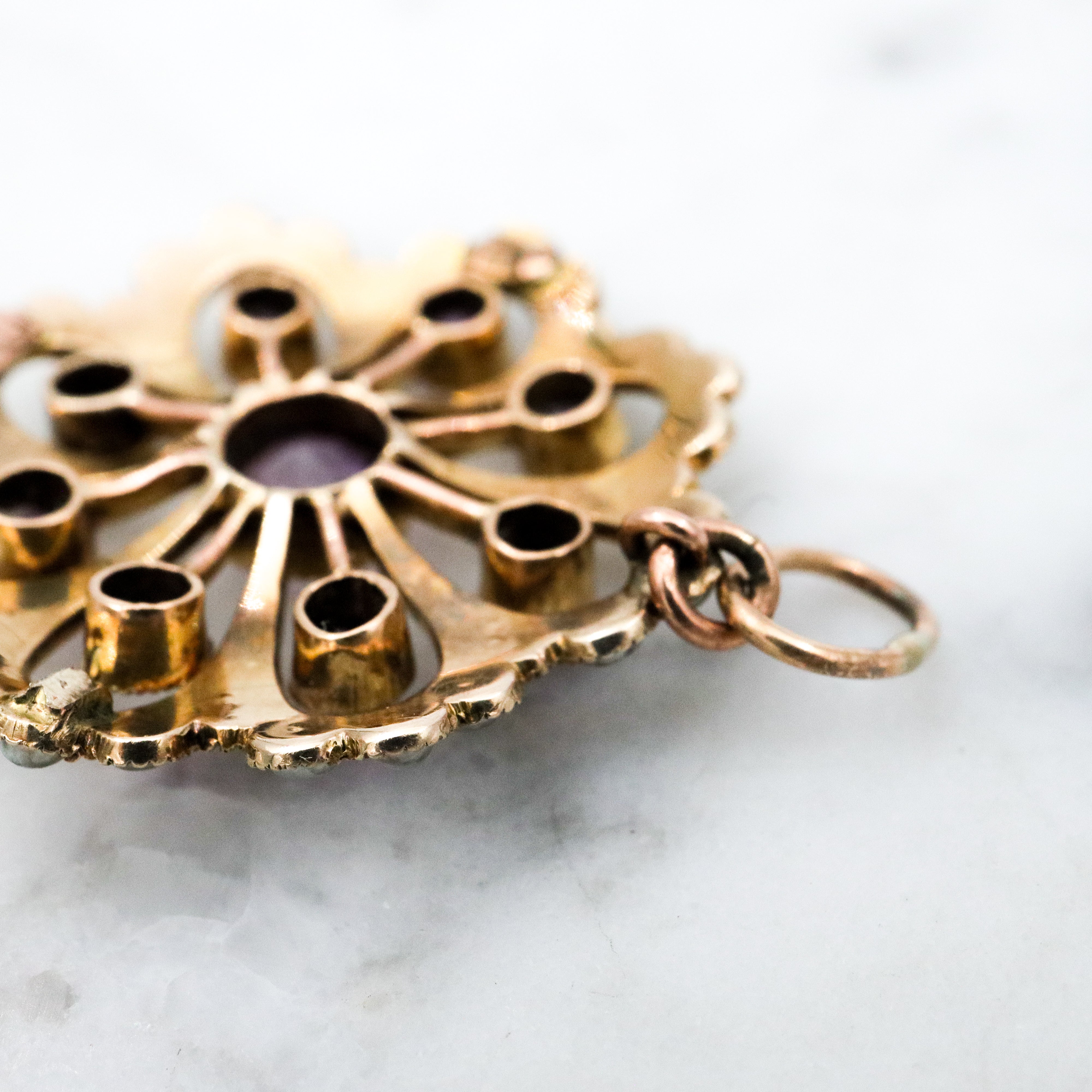 Antique early Victorian 9k gold, amethyst and split pearl flower pendant