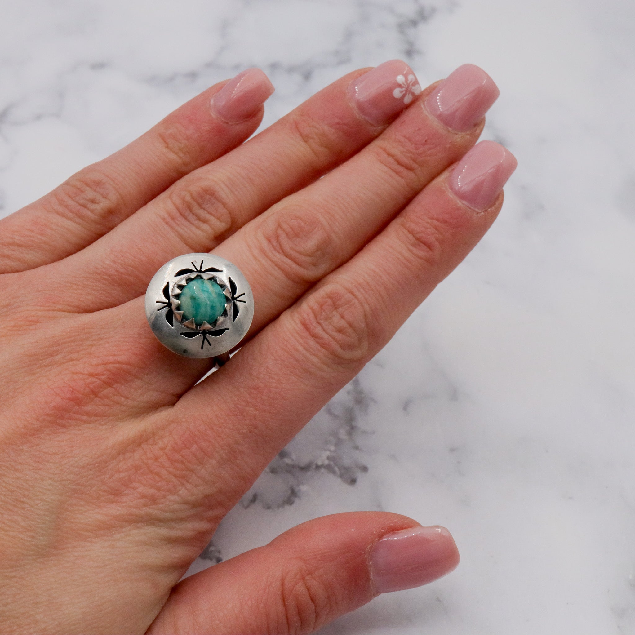 Vintage Mid-Century Modern Mexican sterling & amazonite ring, sz 7