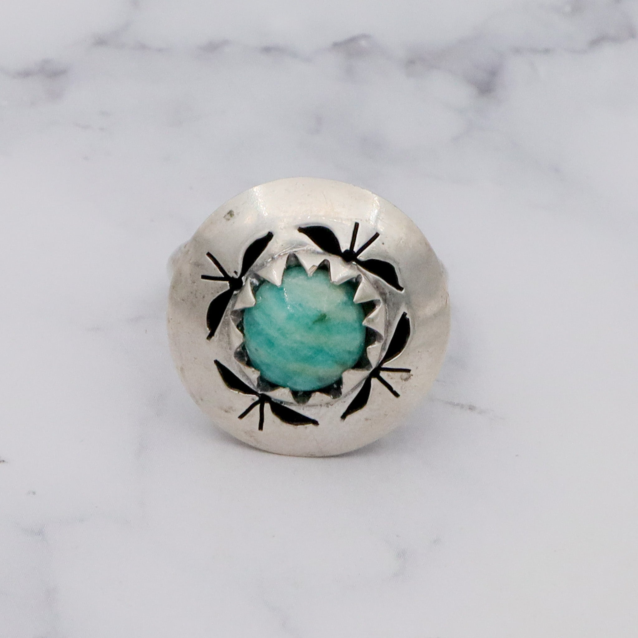 Vintage Mid-Century Modern Mexican sterling & amazonite ring, sz 7