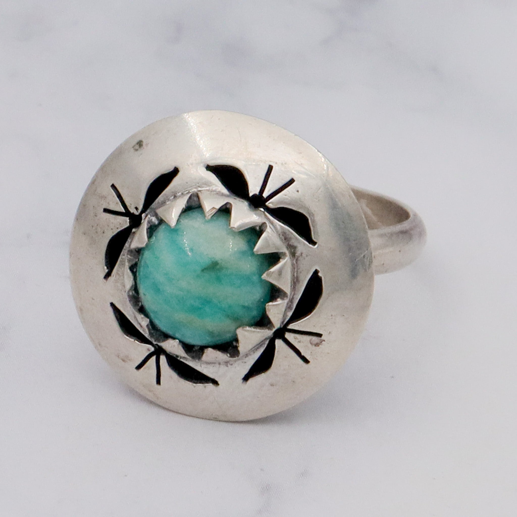 Vintage Mid-Century Modern Mexican sterling & amazonite ring, sz 7