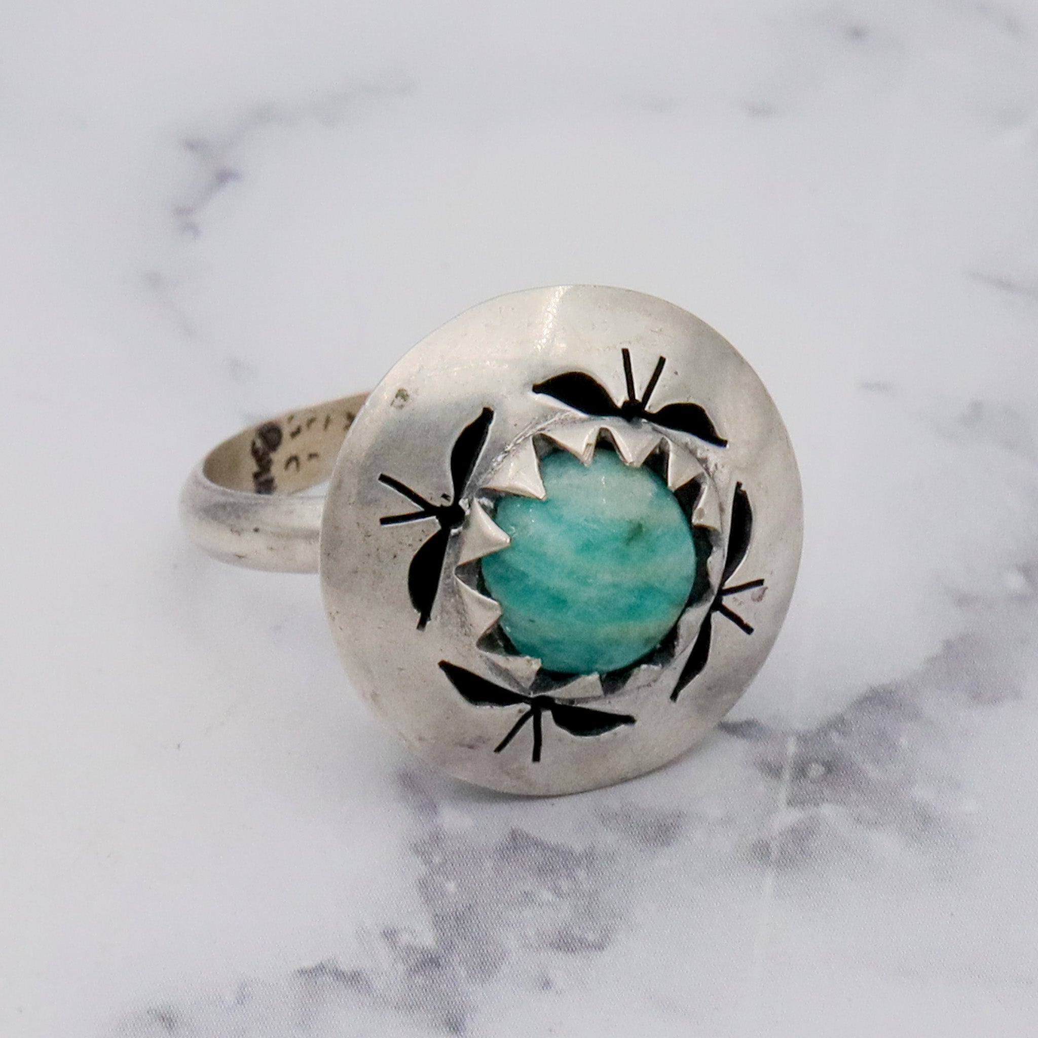 Vintage Mid-Century Modern Mexican sterling & amazonite ring, sz 7
