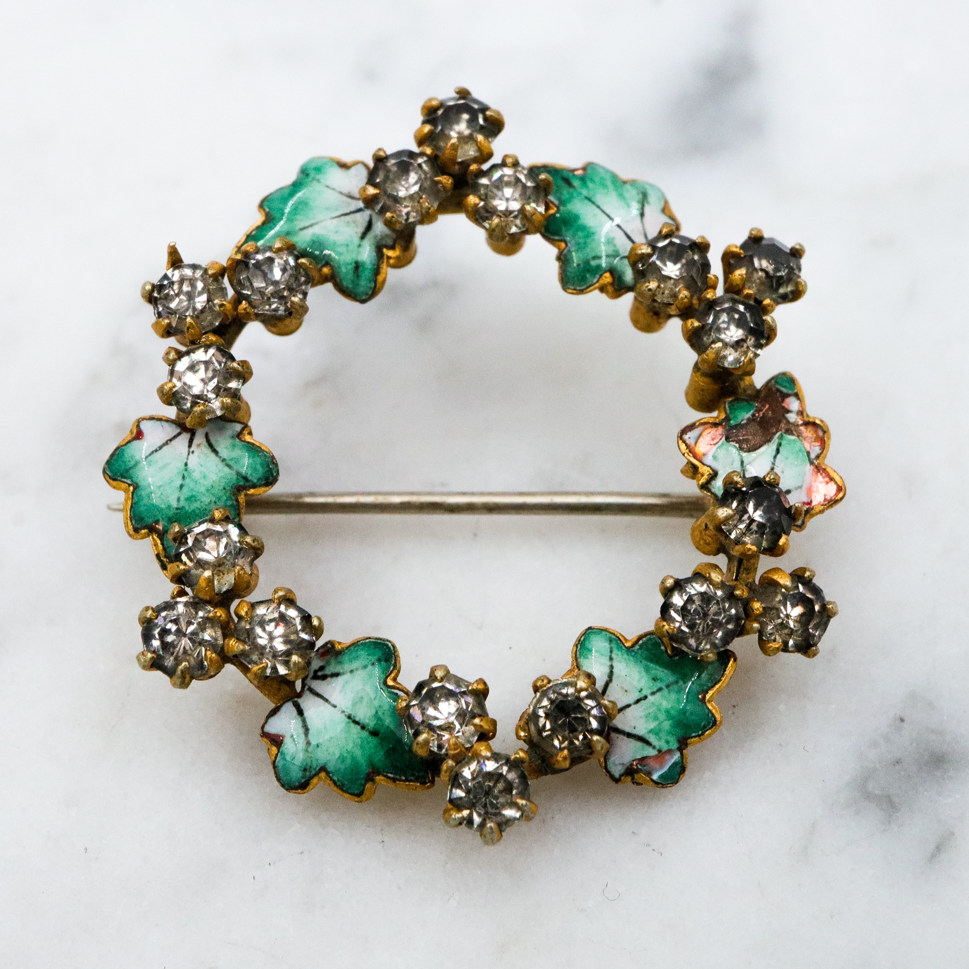 Antique Victorian enamel leaves & crystal wreath gilt metal pin