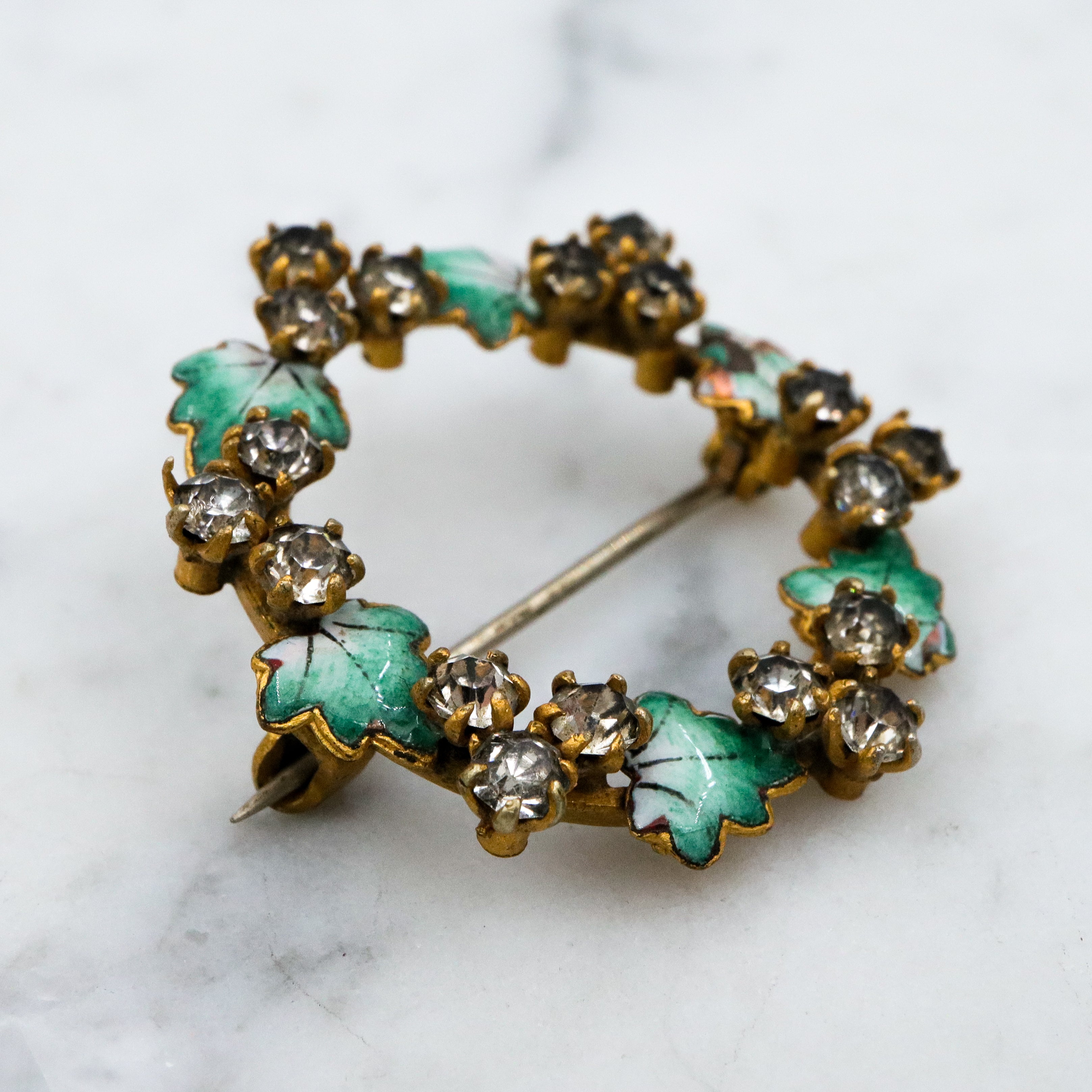 Antique Victorian enamel leaves & crystal wreath gilt metal pin
