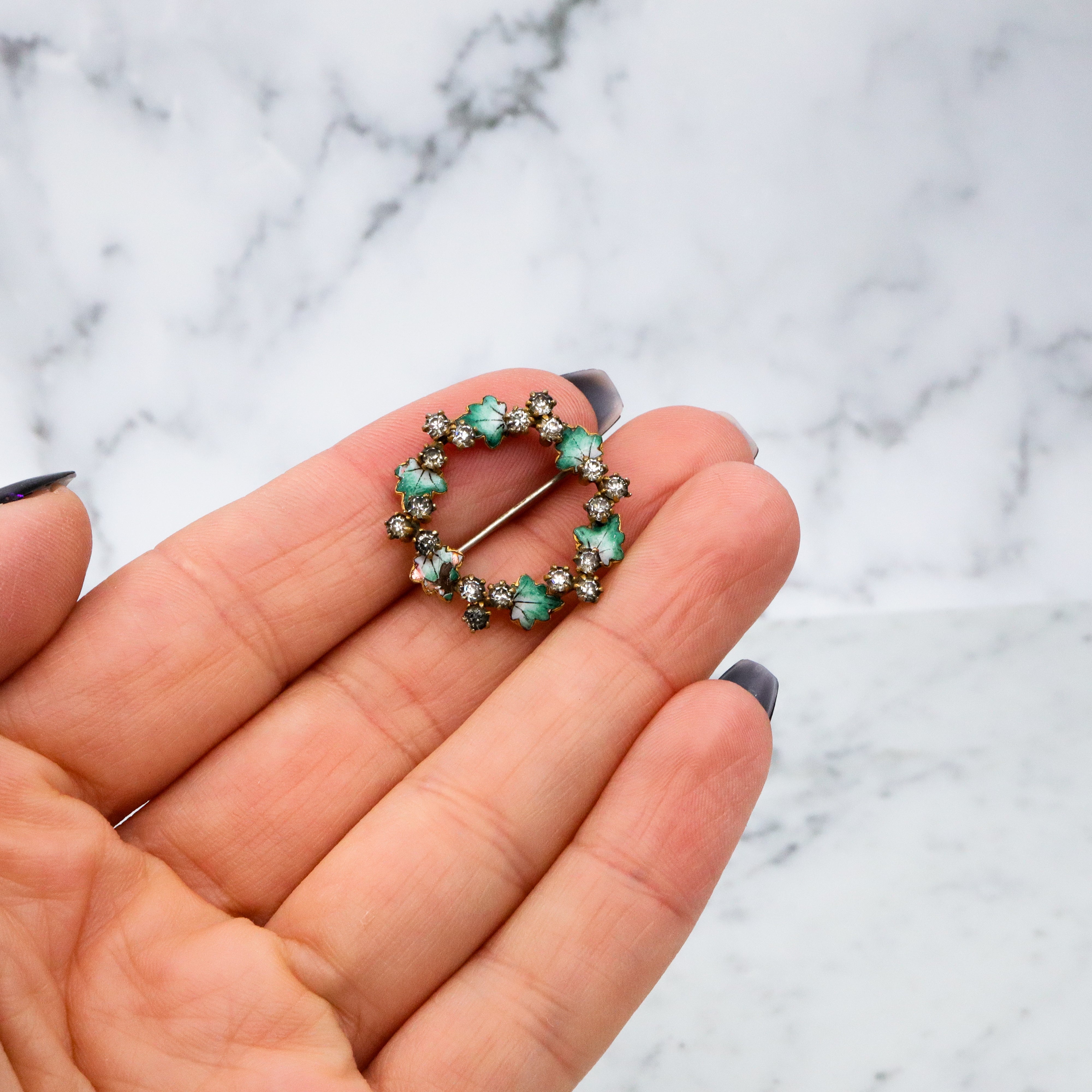 Antique Victorian enamel leaves & crystal wreath gilt metal pin