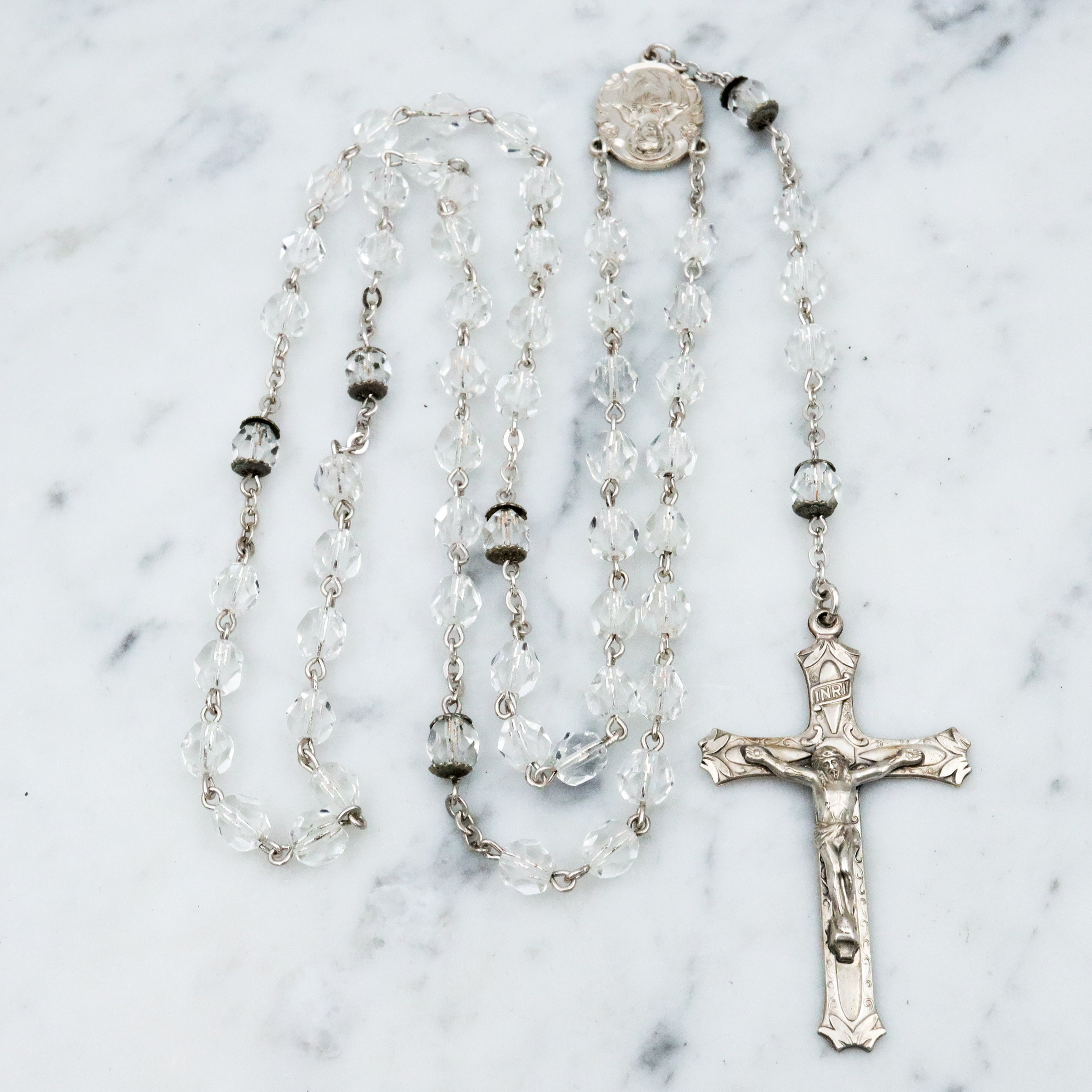 Vintage Moran sterling & faceted crystal rosary necklace
