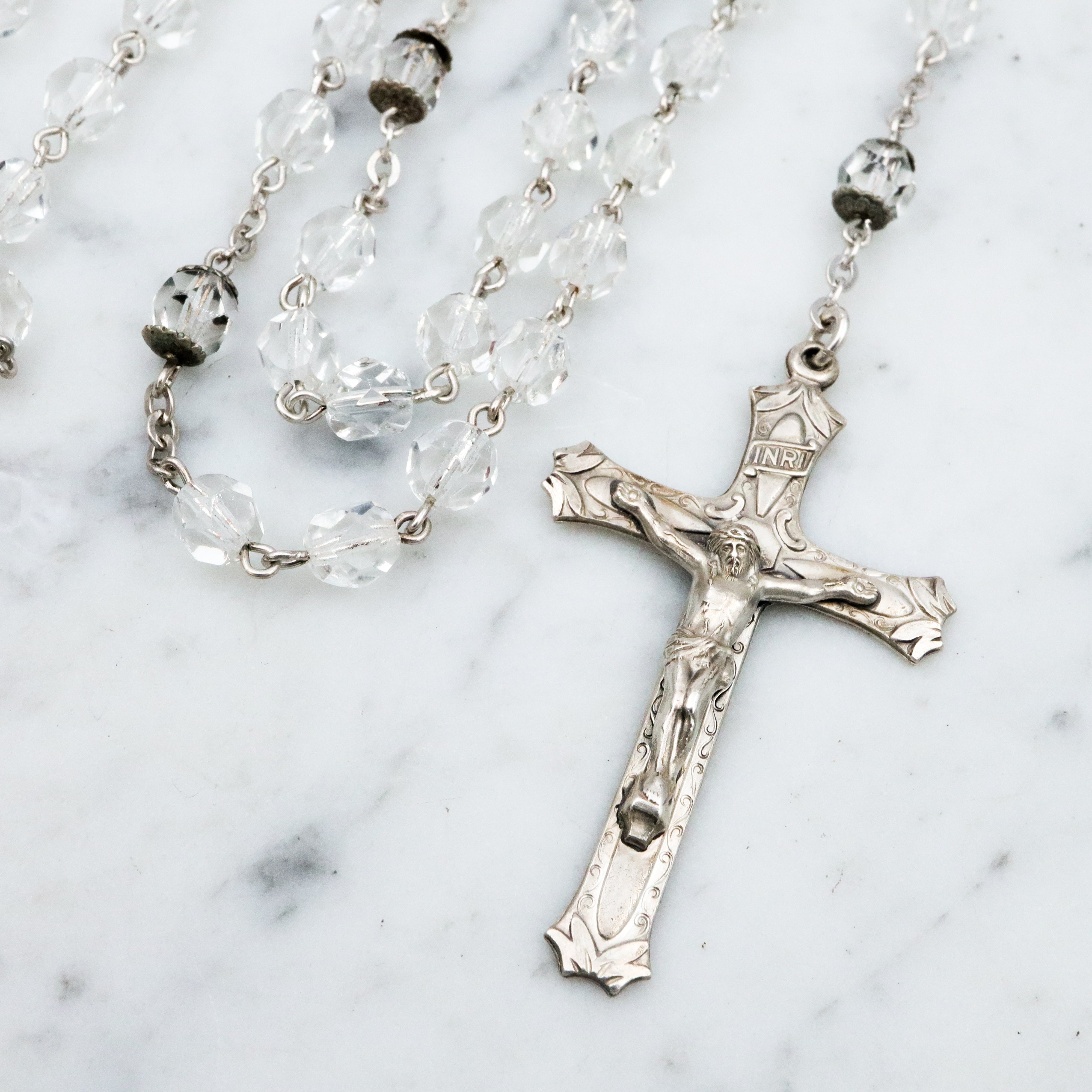 Vintage Moran sterling & faceted crystal rosary necklace