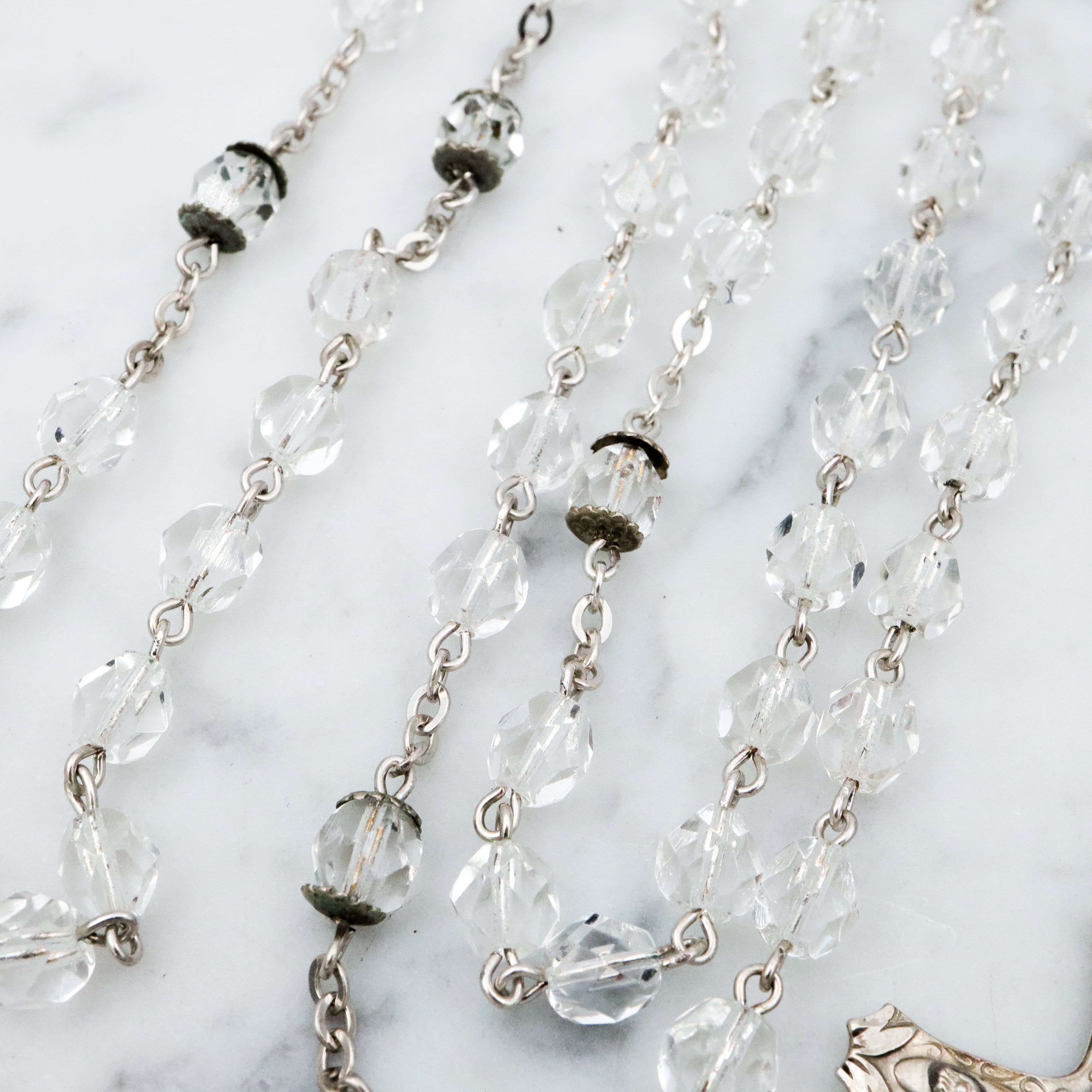 Vintage Moran sterling & faceted crystal rosary necklace