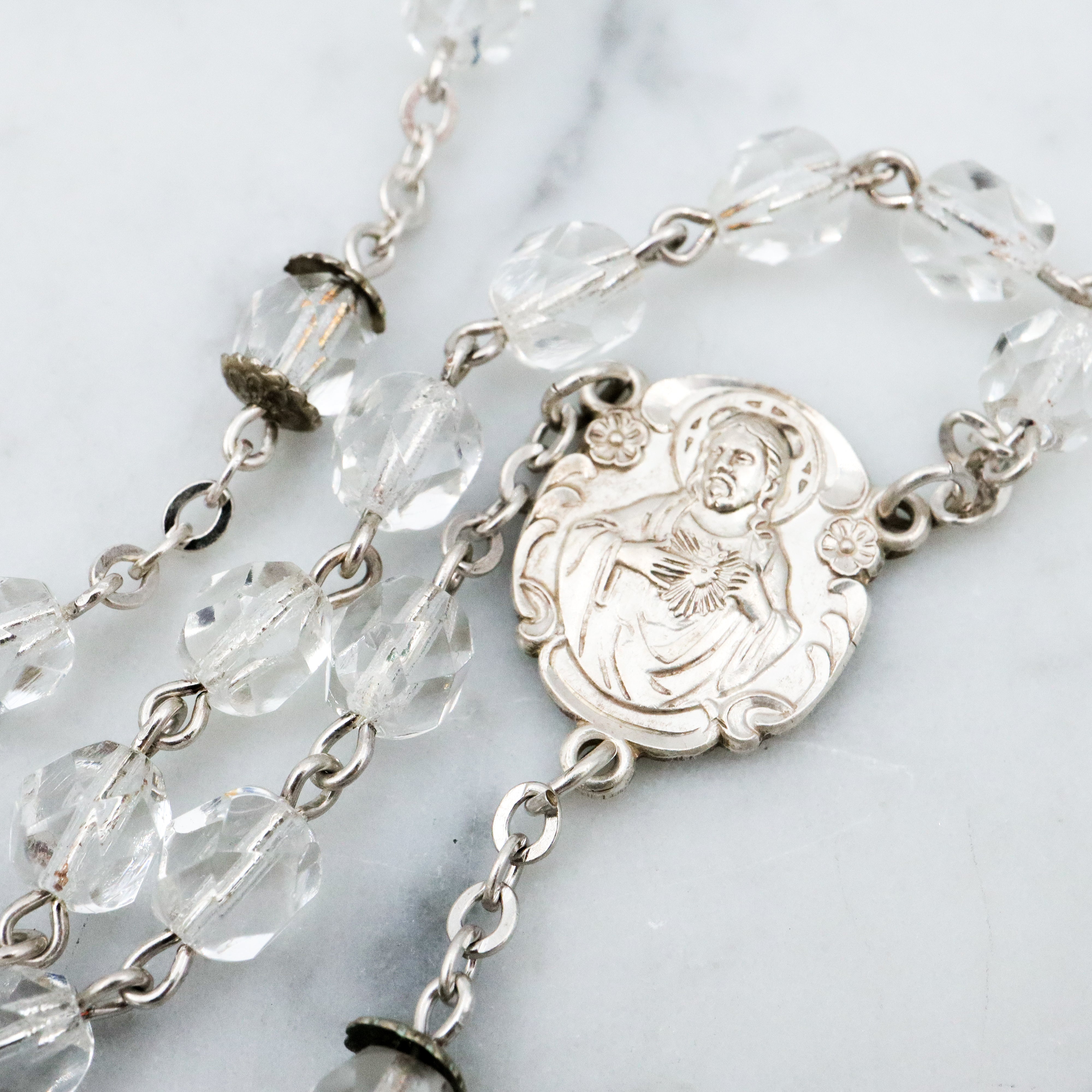 Vintage Moran sterling & faceted crystal rosary necklace