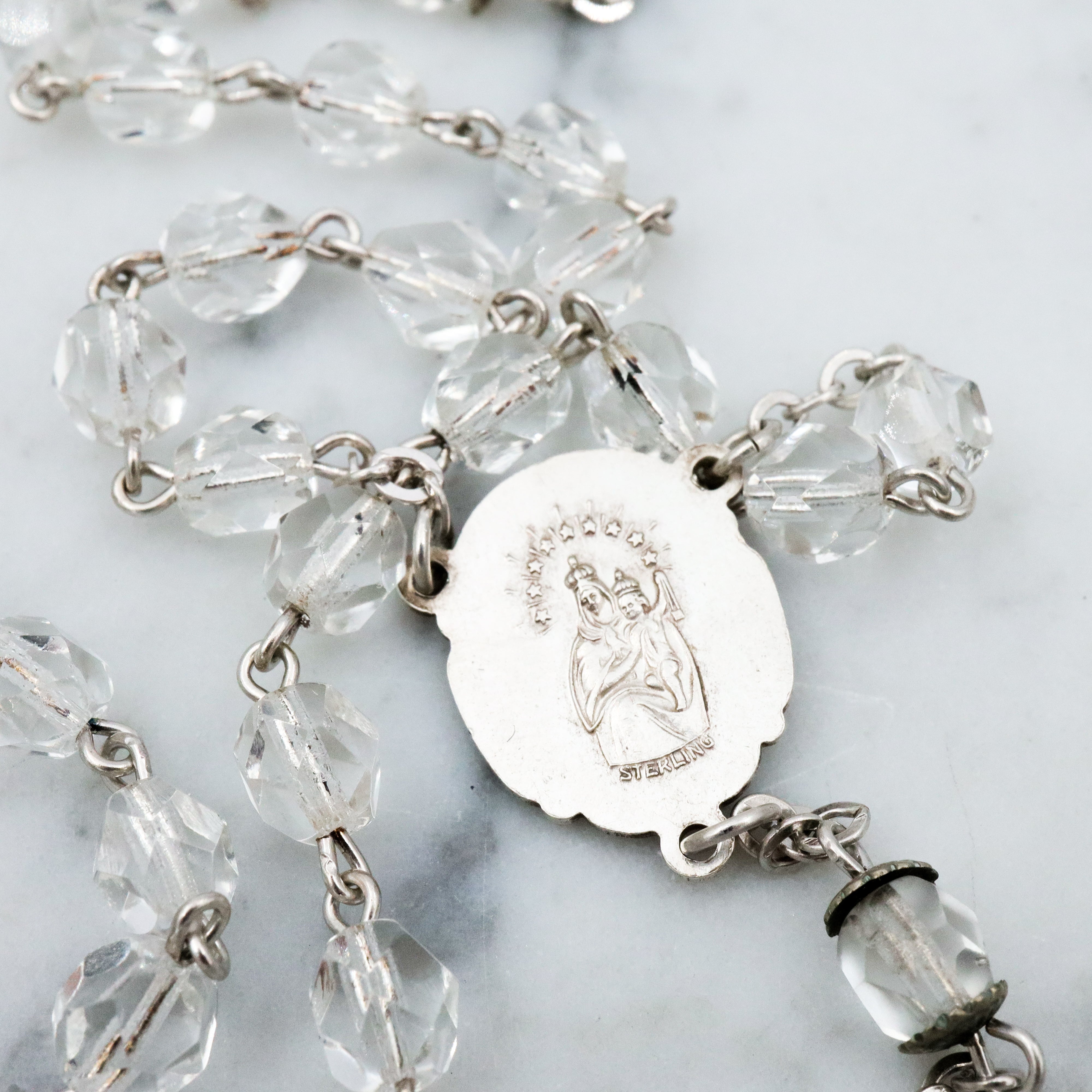 Vintage Moran sterling & faceted crystal rosary necklace