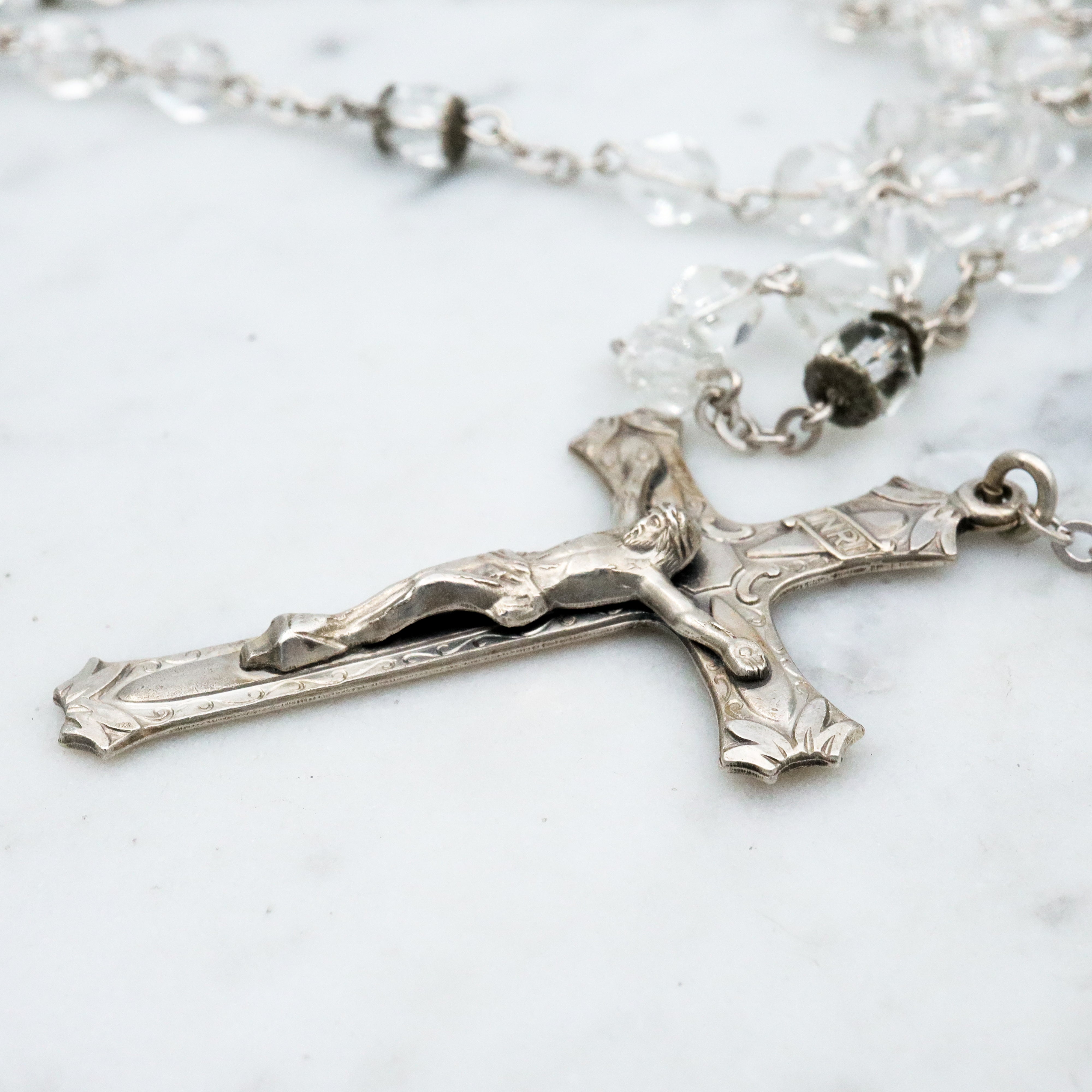 Vintage Moran sterling & faceted crystal rosary necklace