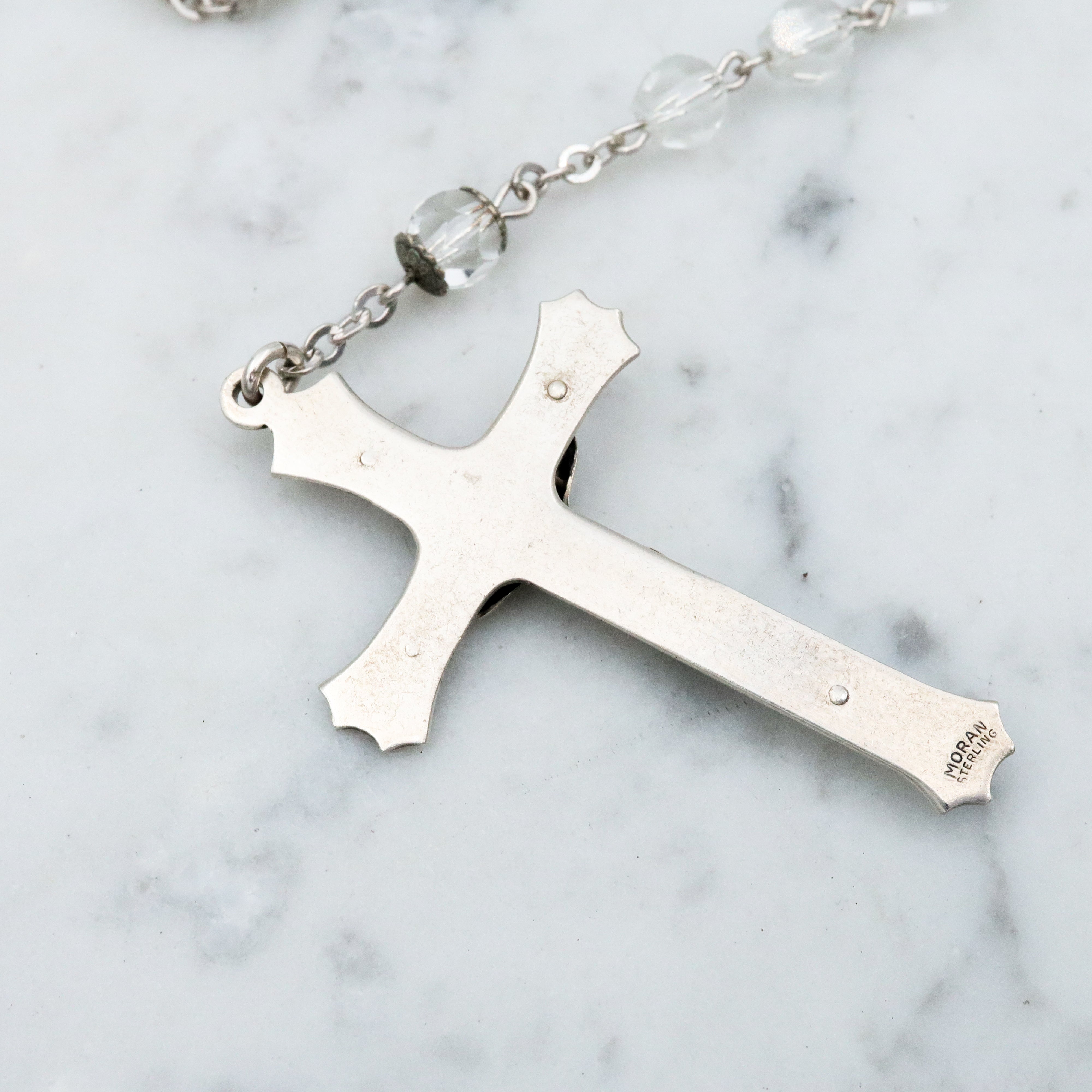 Vintage Moran sterling & faceted crystal rosary necklace