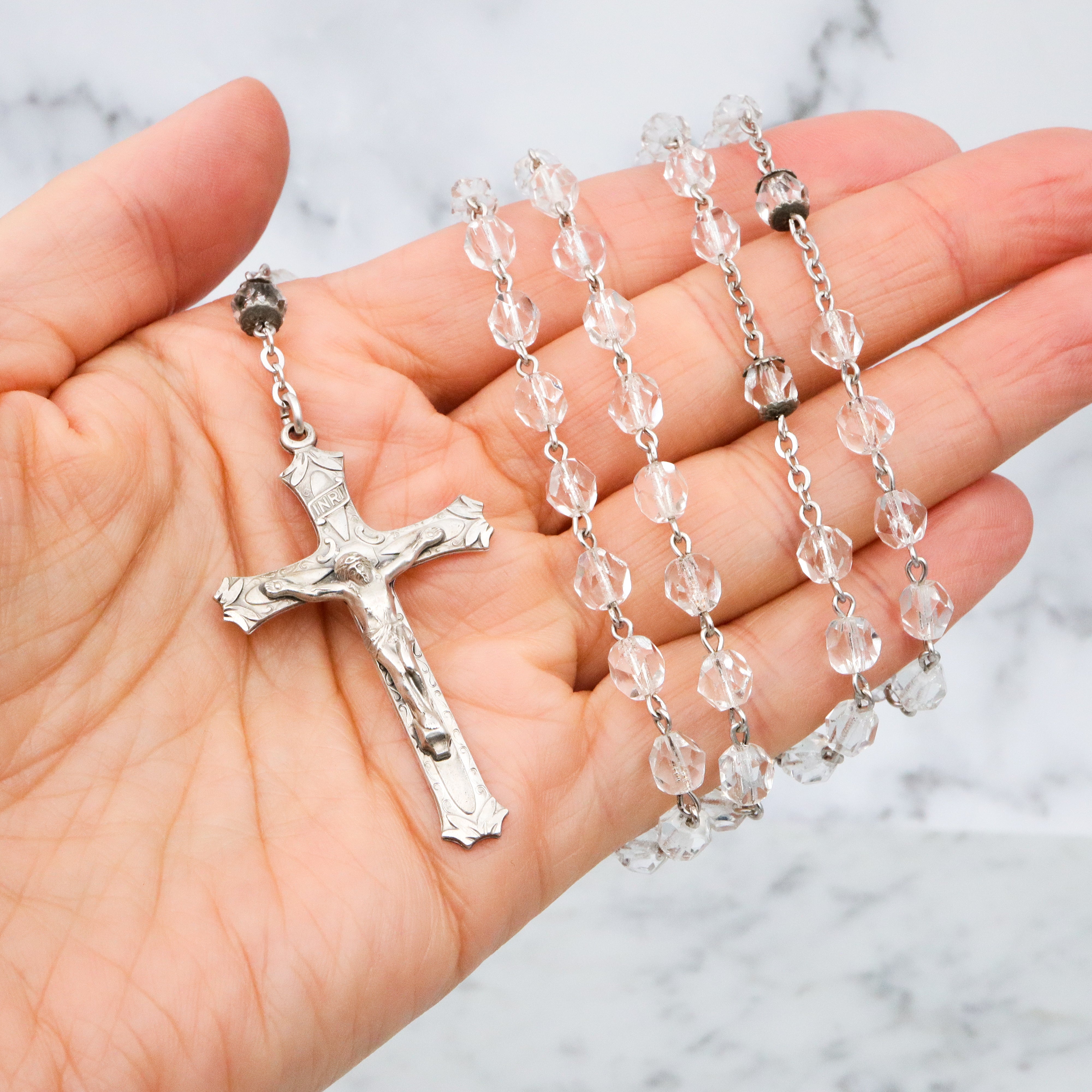 Vintage Moran sterling & faceted crystal rosary necklace