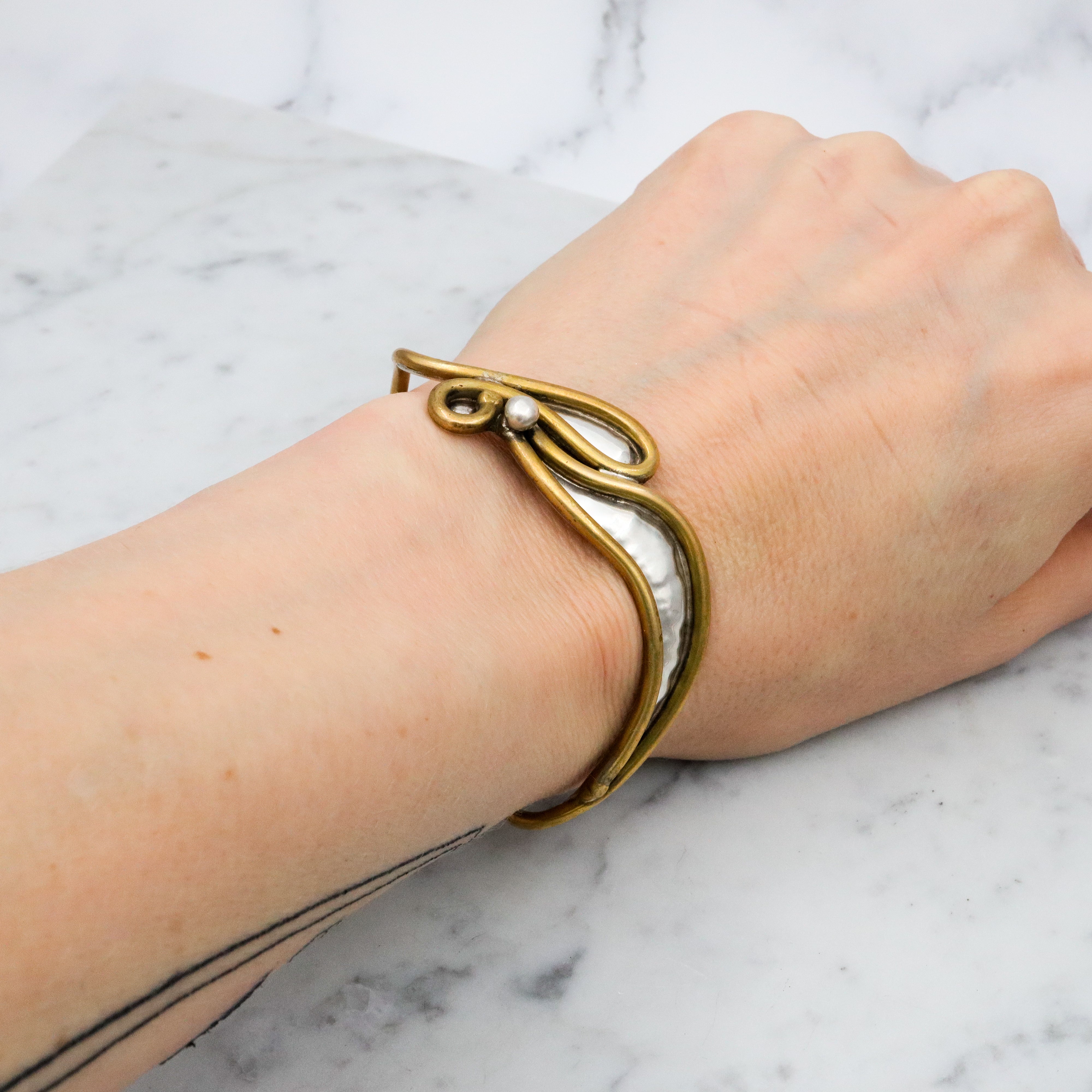 MCM handmade sterling & brass free form wave cuff bracelet